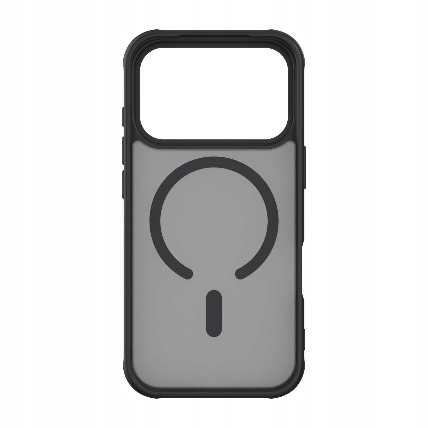 Czarne etui na telefon z szarym środkiem, posiada wycięcie na aparat i symbol ładowania magnetycznego.