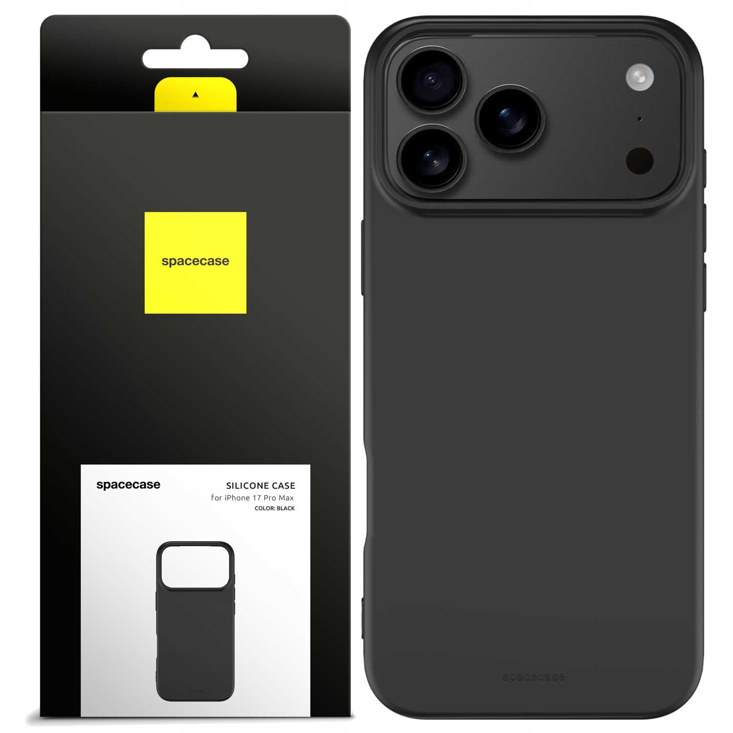 Czarne etui na iPhone'a obok opakowania. Opakowanie jest czarno-białe z żółtym kwadratem z napisem "spacecase".