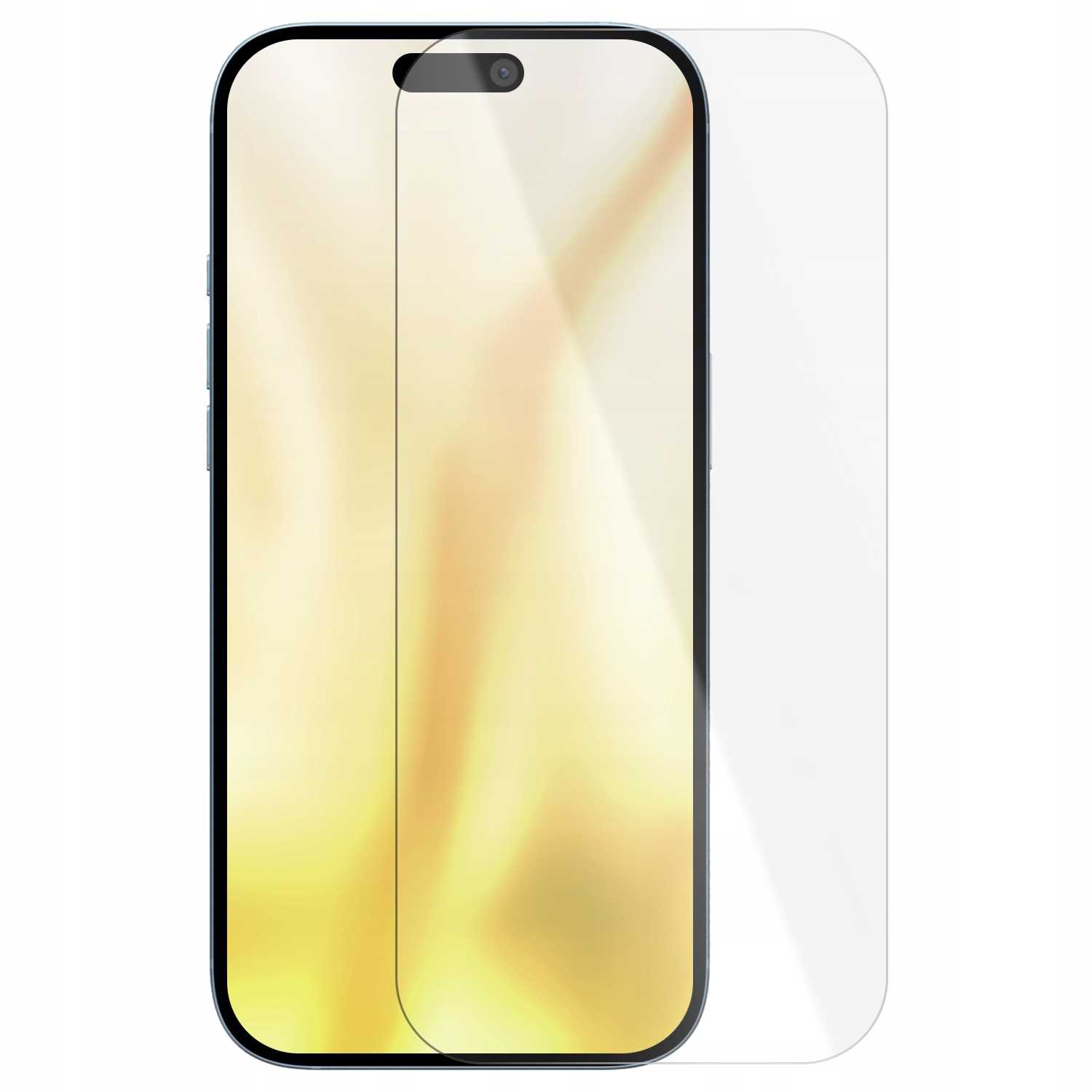 Smartfon z nakładką ochronną na ekran. Telefon ma czarną ramkę, zaokrąglone rogi i wycięcie na aparat. Ochraniacz jest przezroczysty.