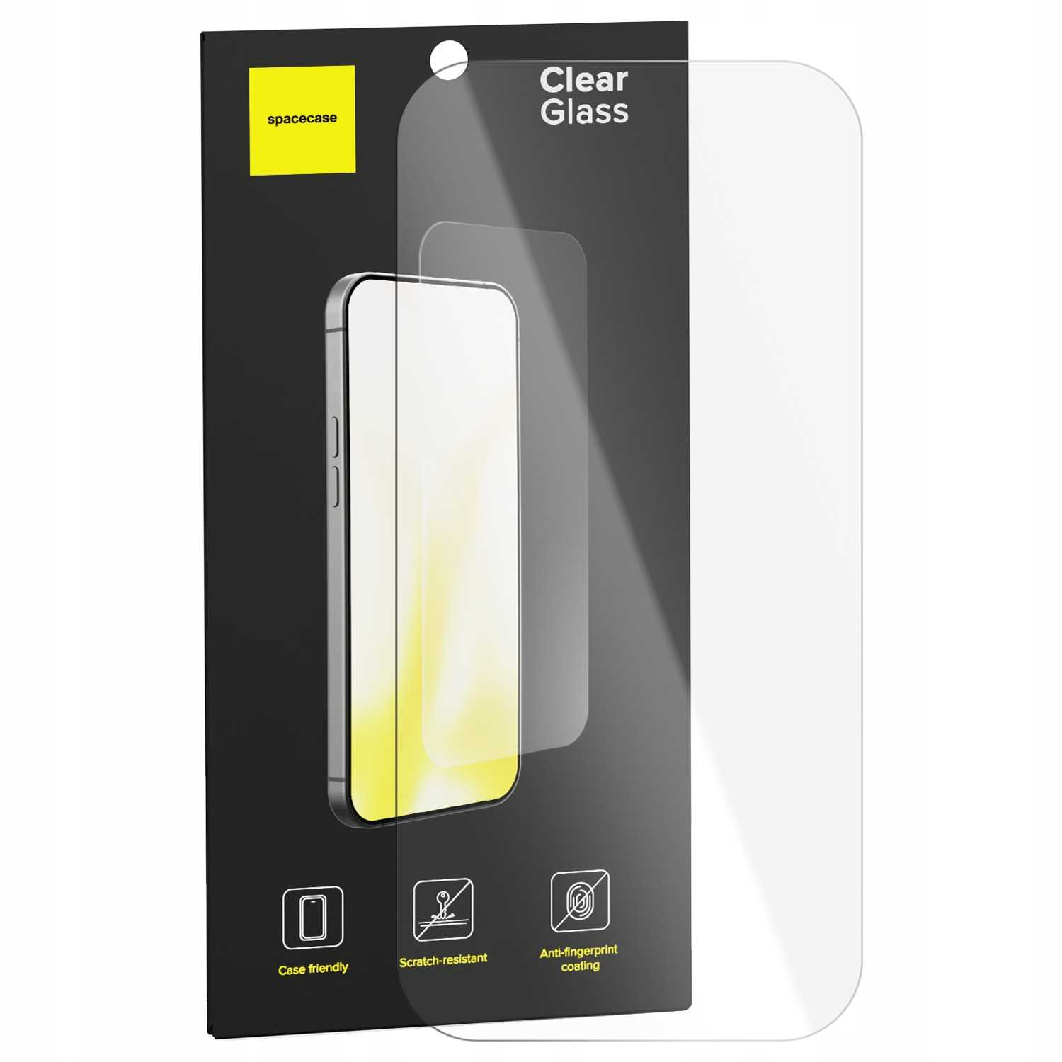 Ochraniacz ekranu do smartfona w czarnym pudełku ze zdjęciem telefonu. Cechy: kompatybilny z obudową, odporny na zarysowania i zapobiega odciskom palców.