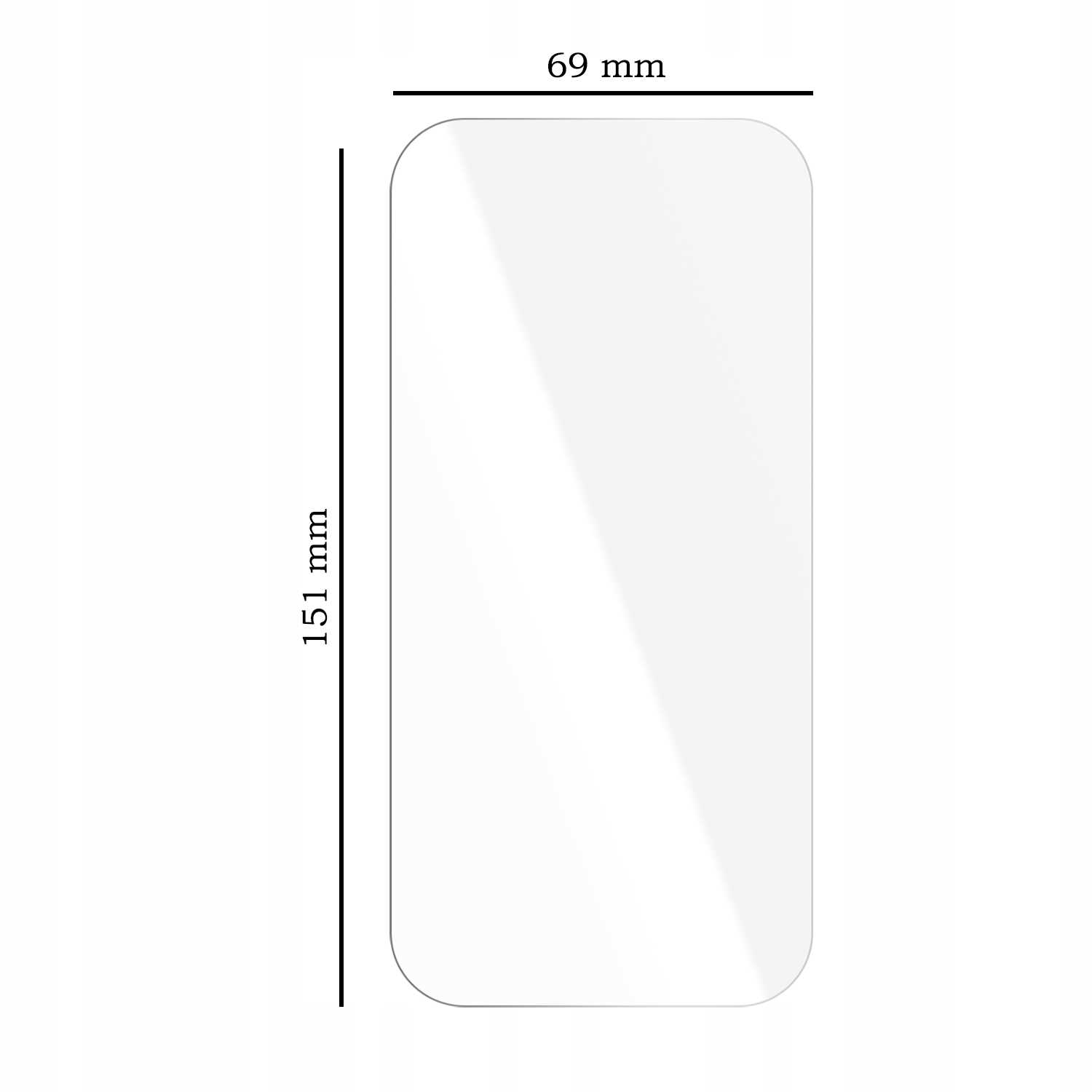 Pokazano przezroczystą, prostokątną osłonę ekranu z zaokrąglonymi narożnikami. Wymiary: 151 mm wysokości, 69 mm szerokości. Czarne linie i tekst.