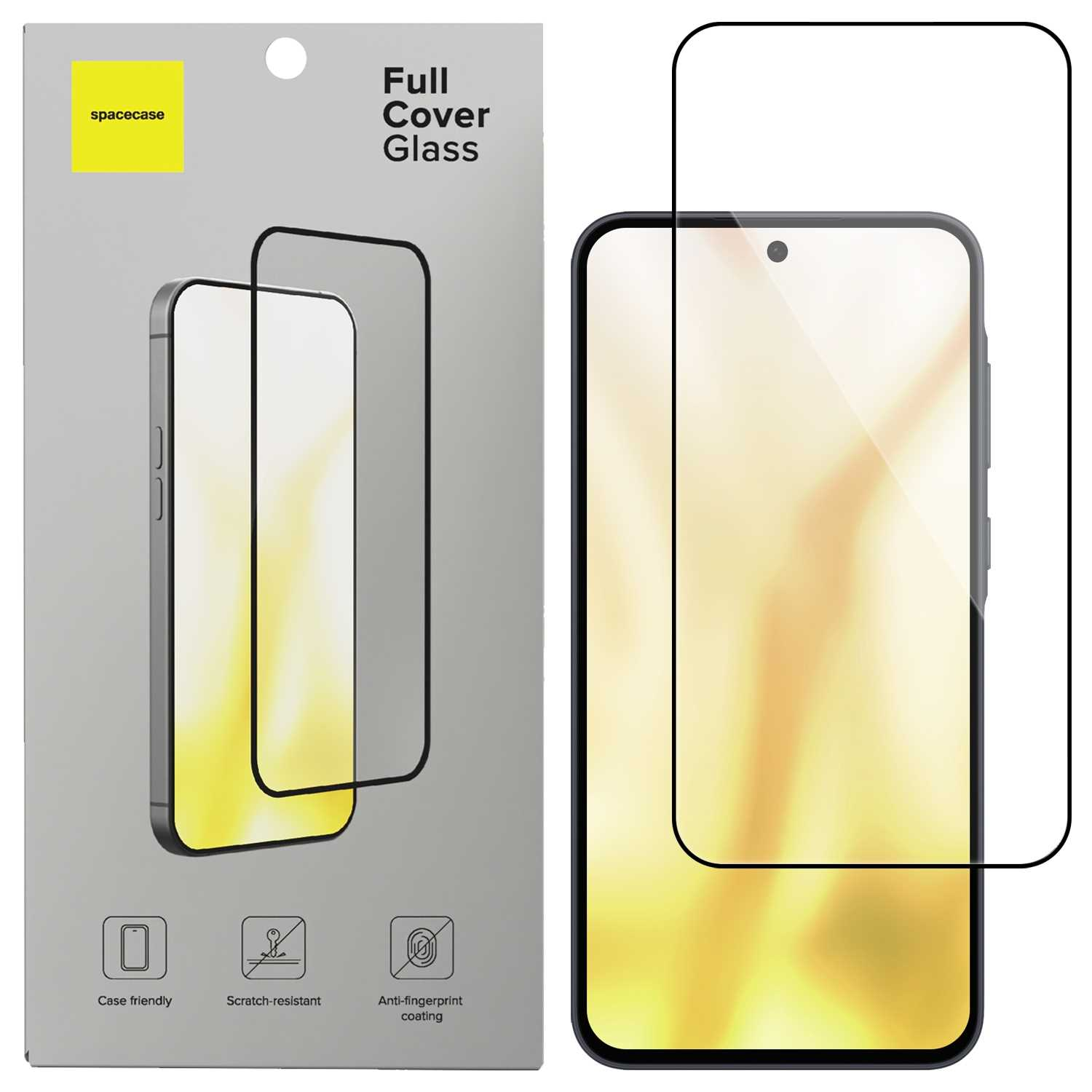 Telefon z osłoną ekranu i opakowaniem. Opakowanie zawiera obrys telefonu, tekst i ikony funkcji.