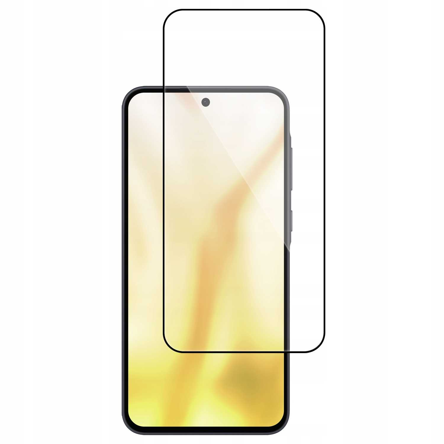 Smartfon z ochraniaczem ekranu. Telefon jest czarny, ochraniacz lekko przesunięty. Tło jest białe.