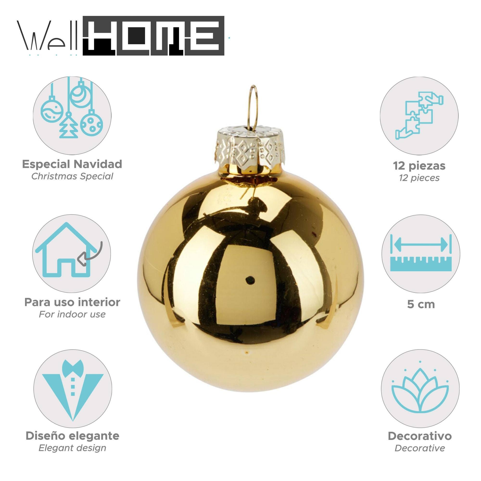 Una bola de Navidad dorada con una parte superior plateada. Círculos de información la rodean, indicando uso interior y decorativo.