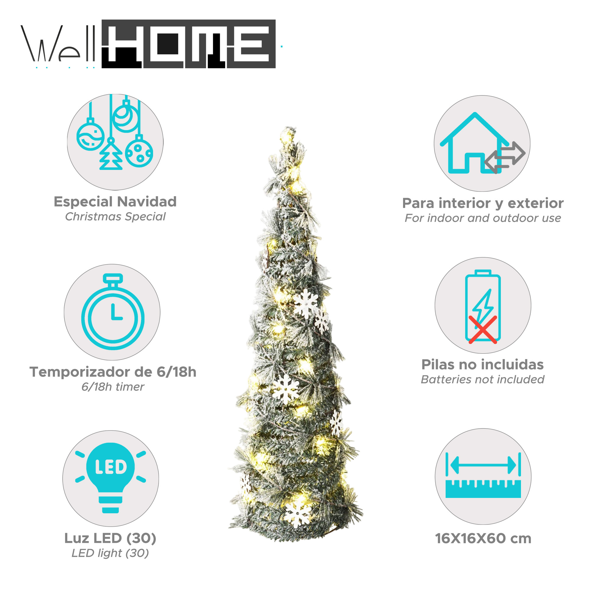 Un árbol de Navidad con efecto de nieve, adornos de copos de nieve y luces LED. Incluye infografías y texto en español e inglés.