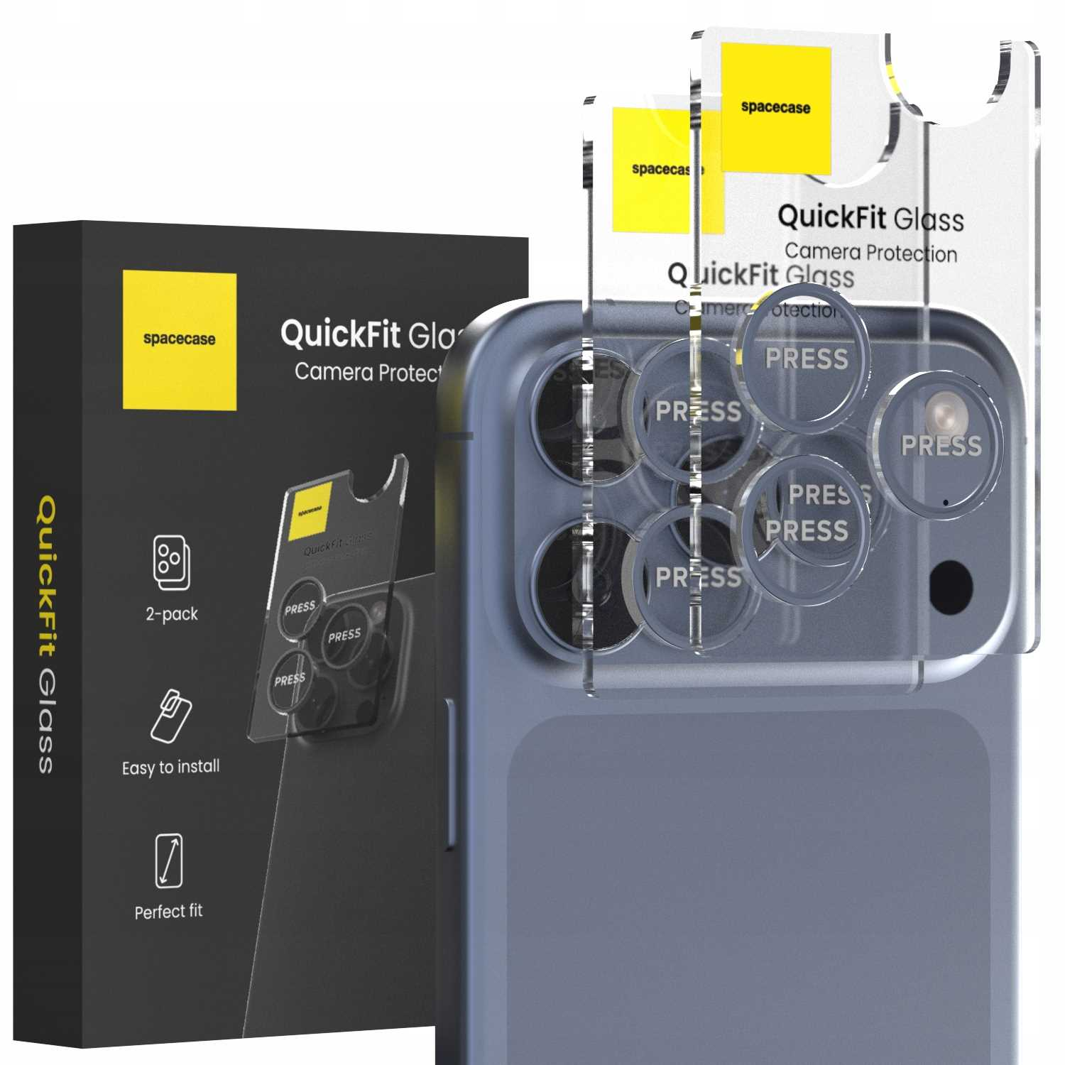 Zestaw ochronny do kamery telefonu. Zawiera telefon, folie ochronne i opakowanie. Etykiety wskazują 'QuickFit Glass' i 'spacecase'.