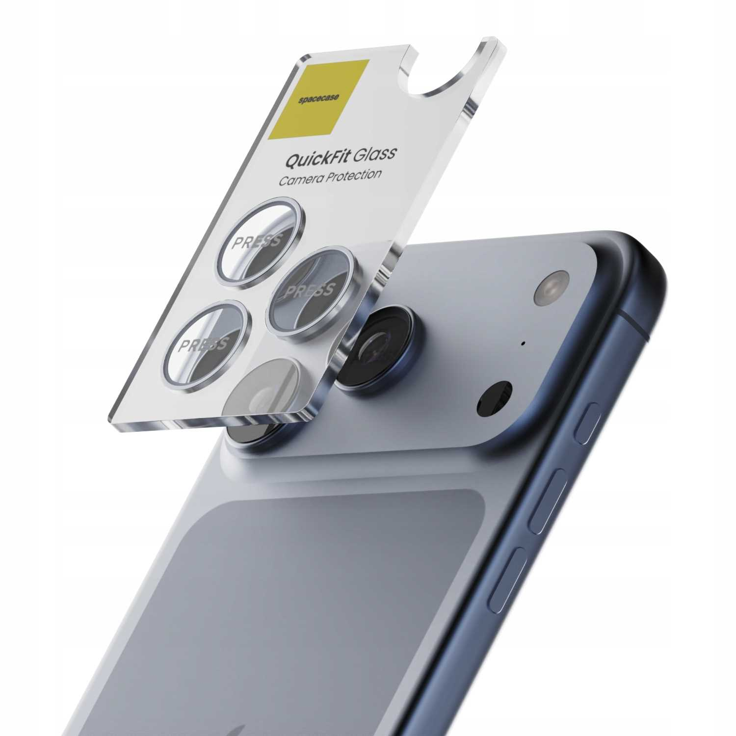 Telefon z osłoną obiektywu aparatu. Ochraniacz jest przezroczysty z tekstem i okręgami. Telefon jest jasnoszary z ciemnoniebieską krawędzią.