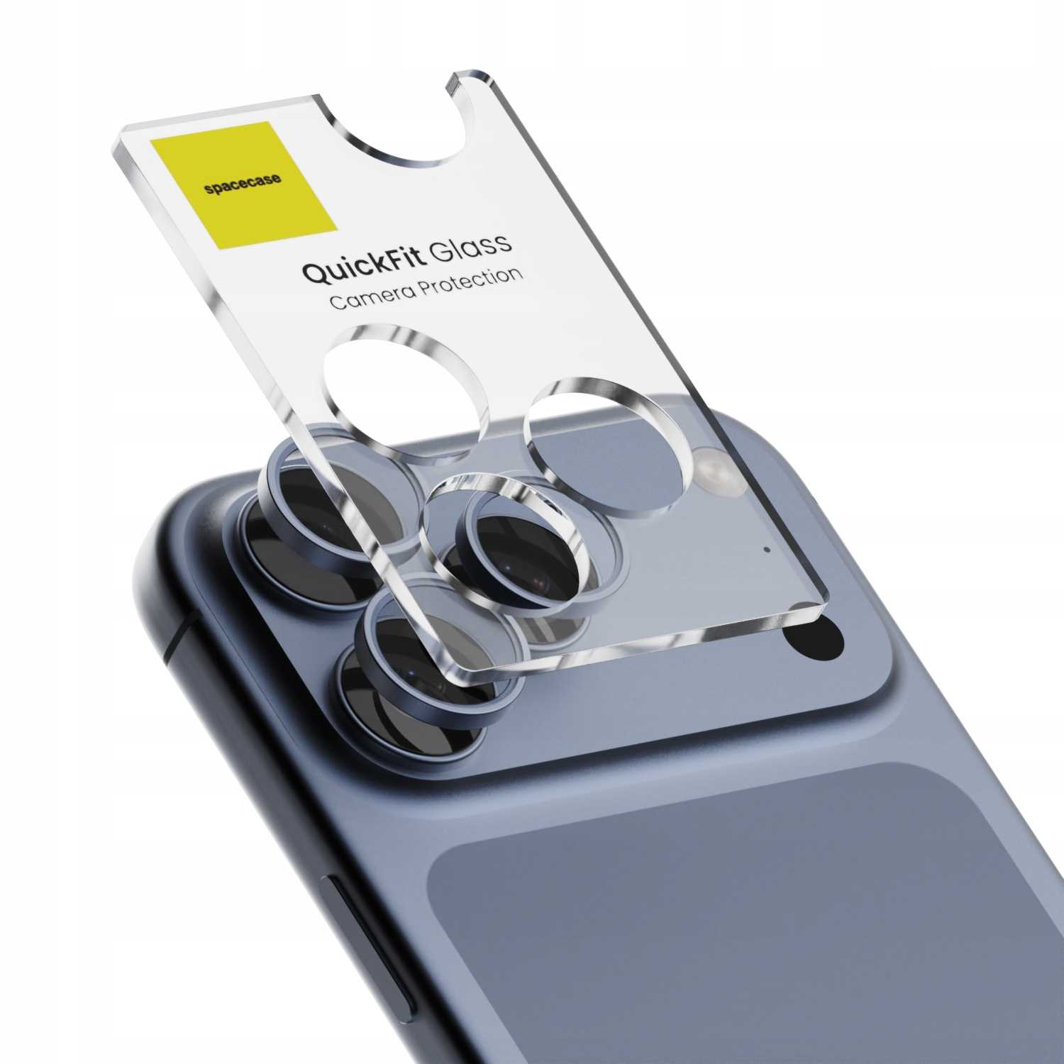 Pokazano telefon z osłoną obiektywu aparatu. Ochraniacz jest przezroczysty z nazwą marki i produktu.