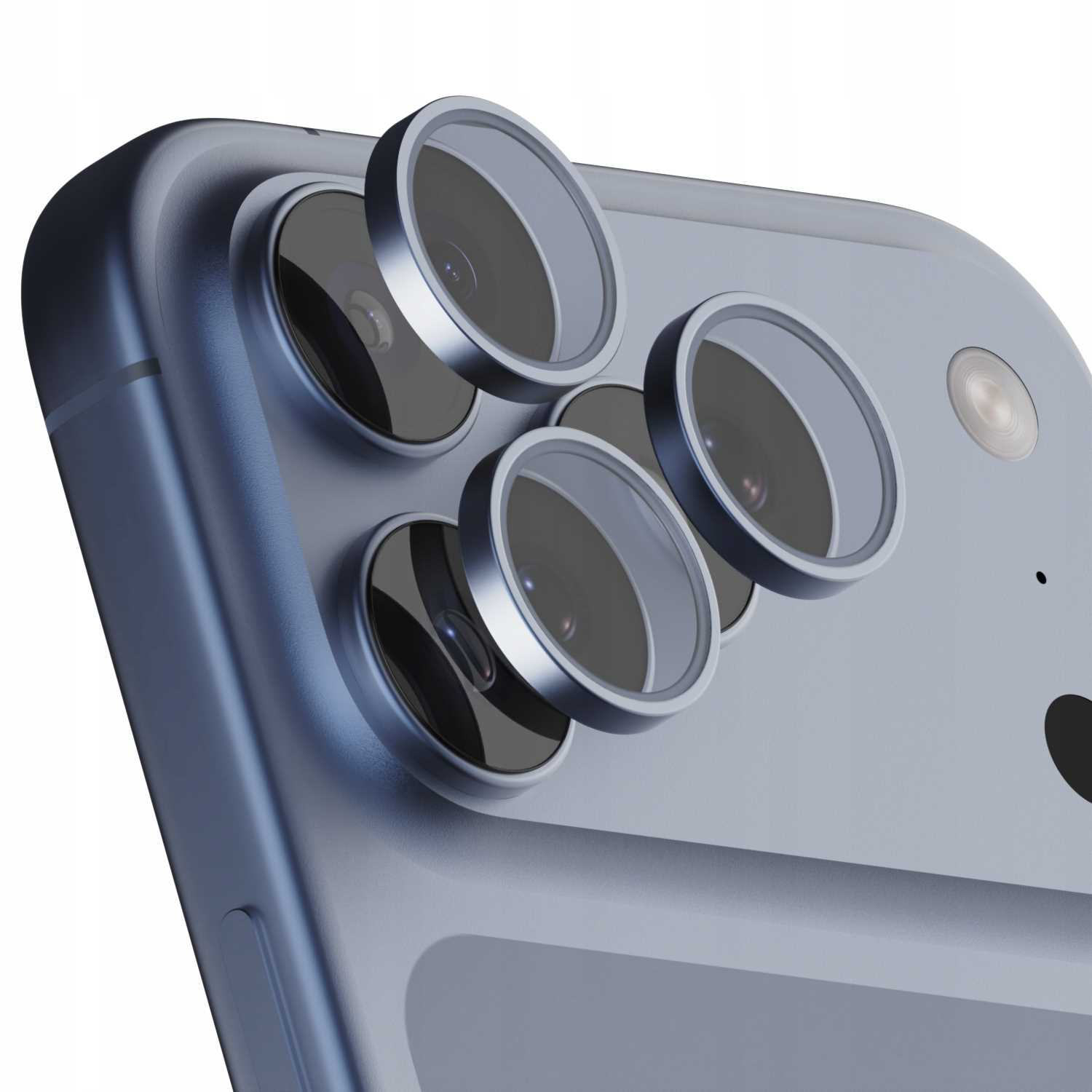 Zbliżenie tyłu niebieskiego smartfona z wieloma obiektywami aparatu i ochronnymi osłonami obiektywów. Obiektywy mają srebrne obramowania.