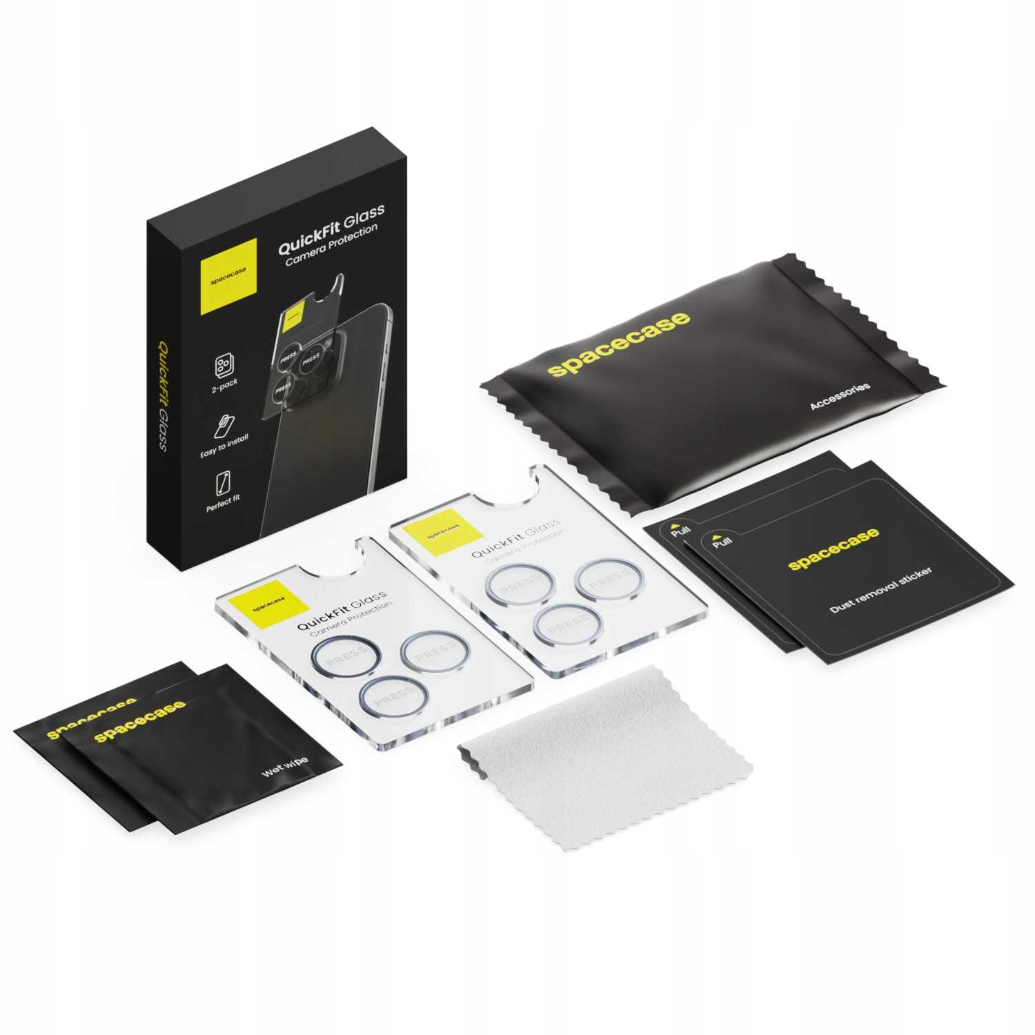 Zestaw produktów zawierający ochraniacze ekranu telefonu, czarne pudełko, dwa ochraniacze ekranu i akcesoria, wszystko na białej powierzchni.