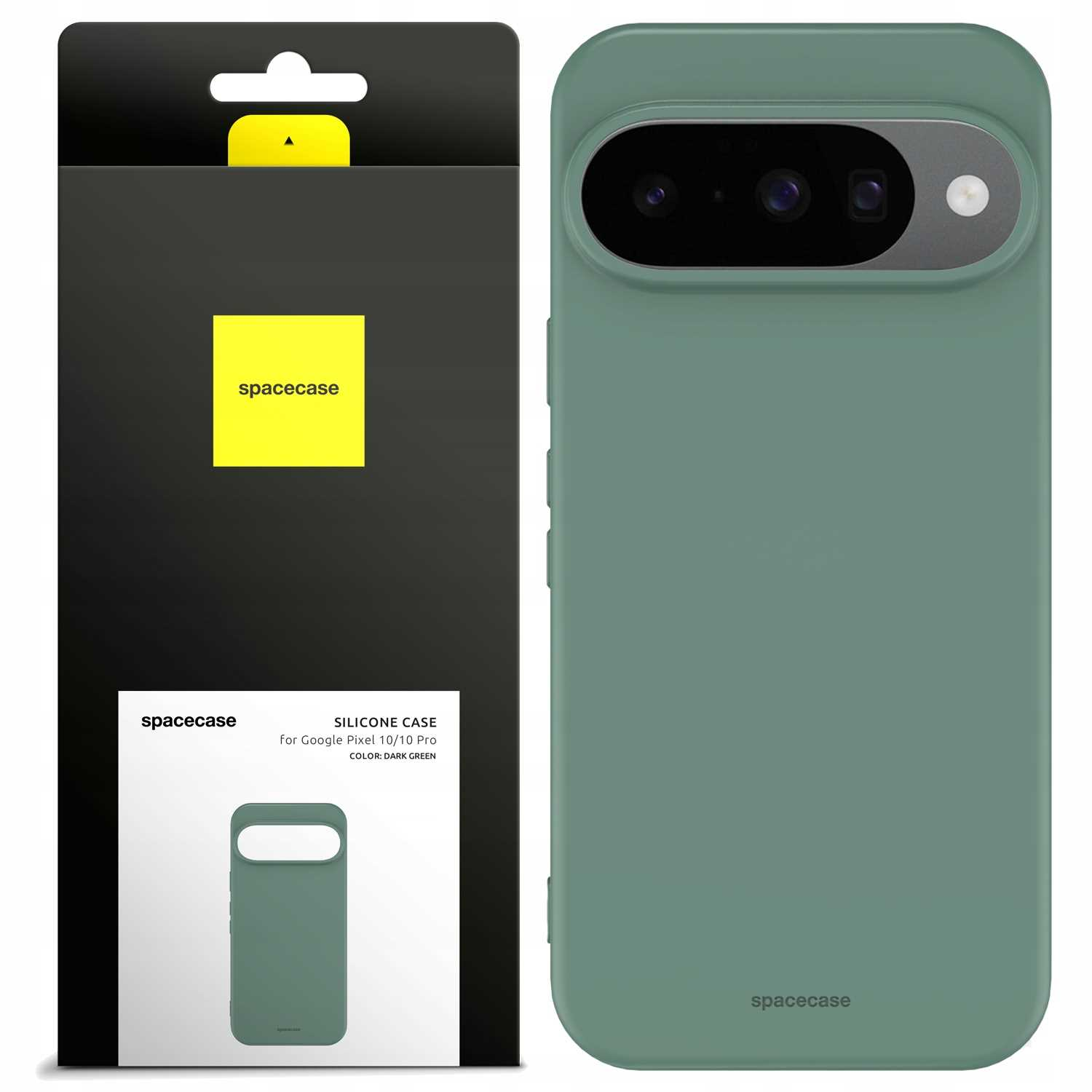Ciemnozielone etui na telefon i jego opakowanie. Etui jest przeznaczone do Google Pixel 10/10 Pro, w kolorze ciemnozielonym. Pudełko ma nazwę marki.