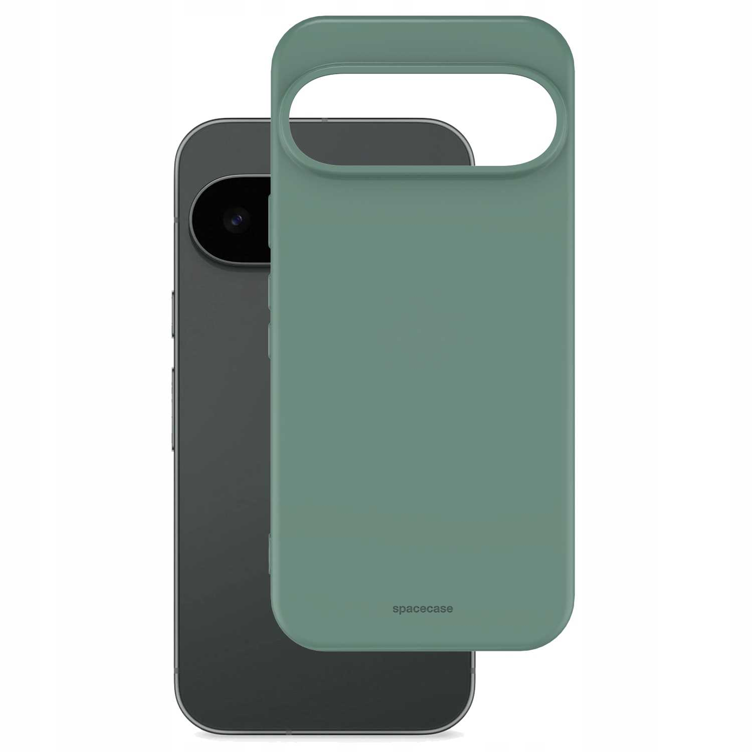 Smartfon z zielonym etui. Etui częściowo zakrywa telefon. Marka 'spacecase' jest widoczna na etui.