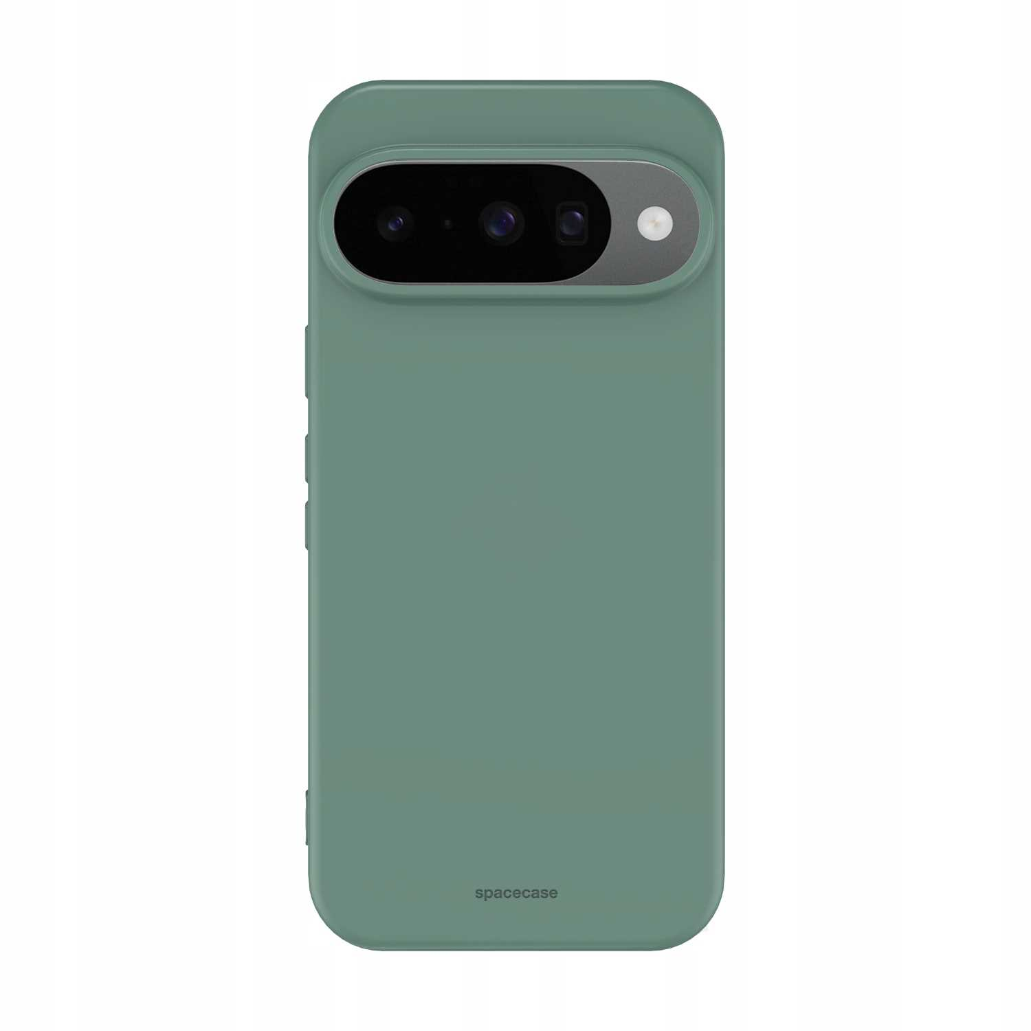 Zielone etui na telefon z modułem aparatu. Nazwa marki 'spacecase' na dole.