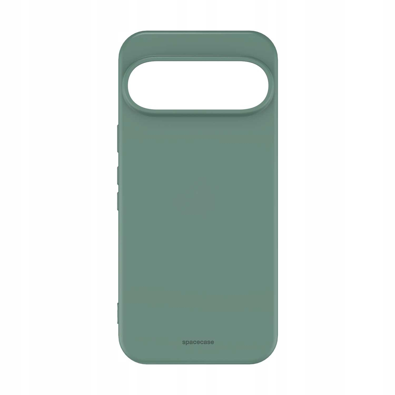 Szałwiowo-zielone etui na telefon z owalnym wycięciem na aparat. Nazwa marki 'spacecase' jest wydrukowana na dole.