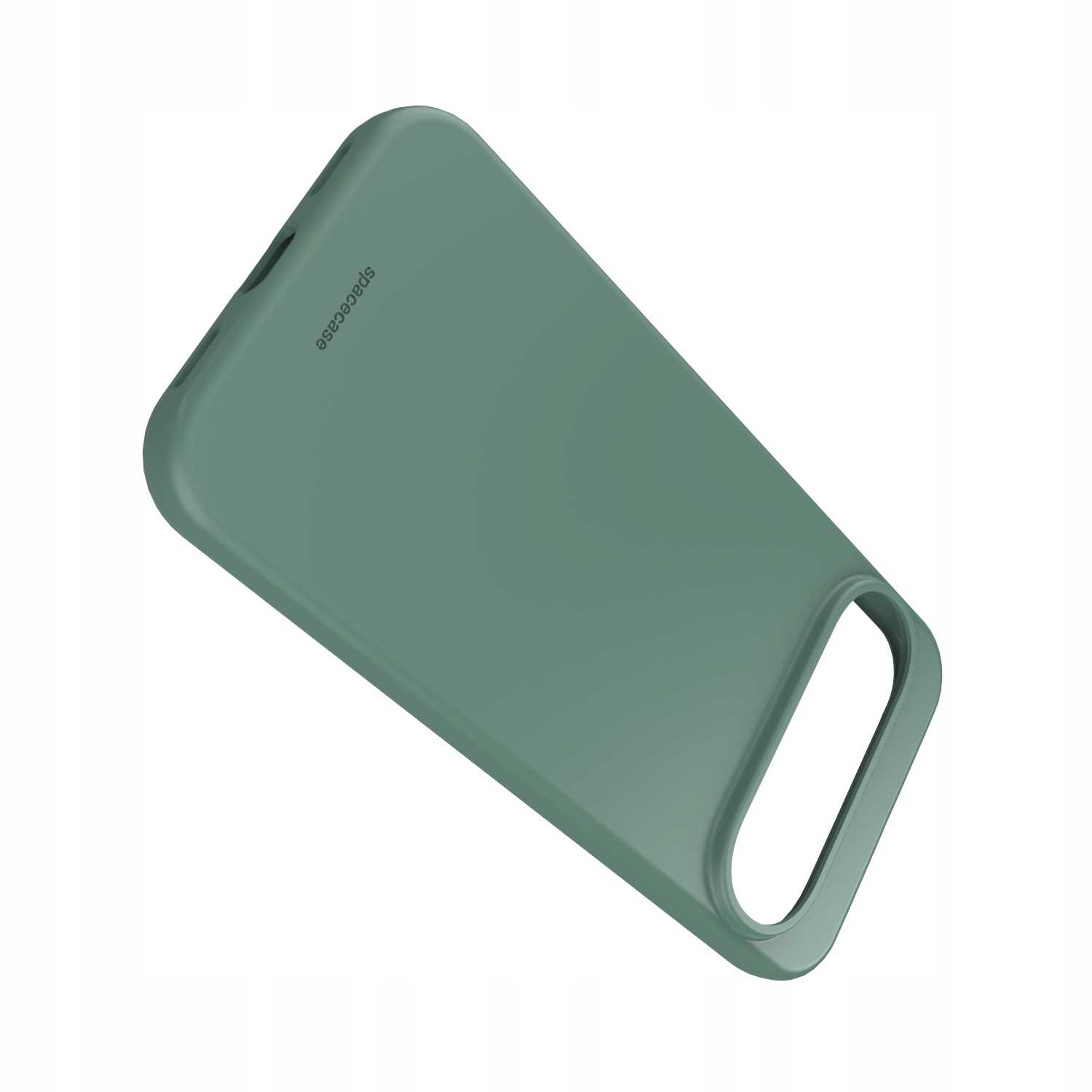 Turkusowe etui na telefon z napisem 'spacecase' z boku. Etui jest pochylone, na białym tle.