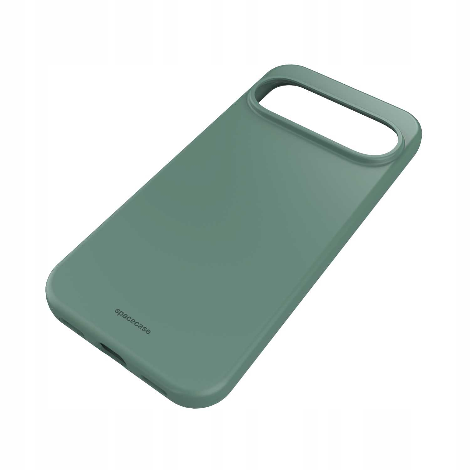 Turkusowe etui na telefon z wycięciem na aparat. Marka 'spacecase' jest nadrukowana.