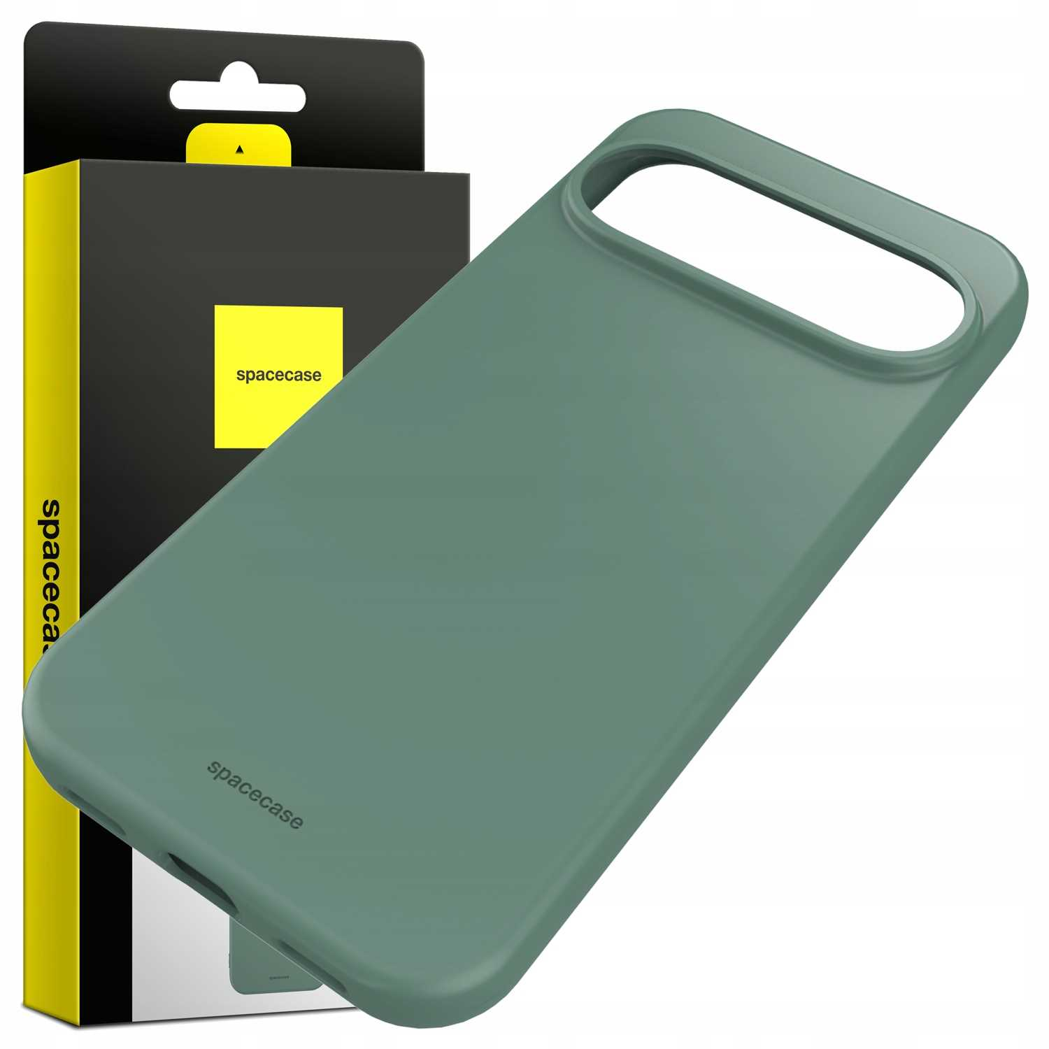 Zielone etui na telefon z pudełkiem. Pudełko jest czarne z żółtymi akcentami, etui jest pochylone w prawo.
