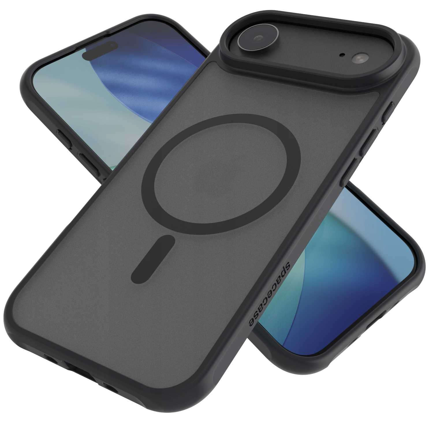 Dwa czarne etui na telefon z telefonami w środku. Jedno etui ma okrąg i linię. Nazwa marki jest z boku.