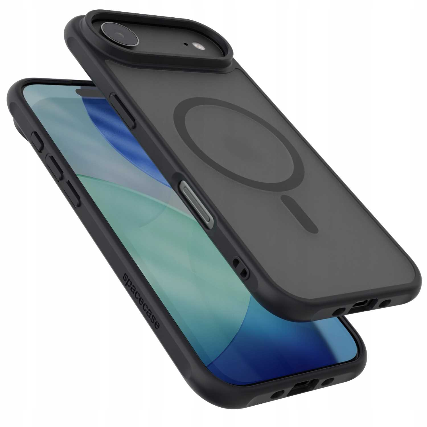 Czarny futerał na telefon z marką 'spacecase'. Futerał zakrywa telefon, z widocznym aparatem.