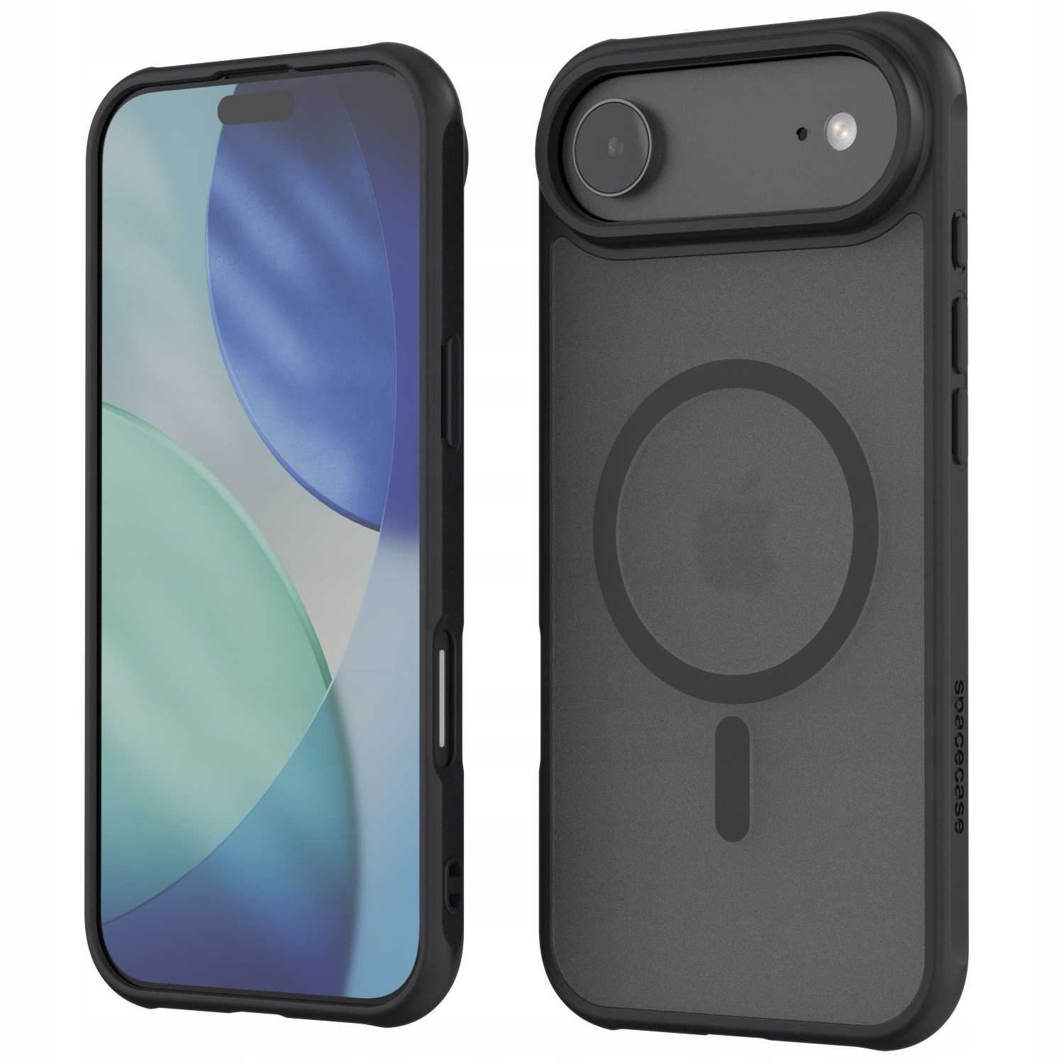 Dwa czarne etui na telefon. Jedno pokazuje ekran z niebiesko-zielonym wzorem. Drugie pokazuje tył z okrągłym magnesem.