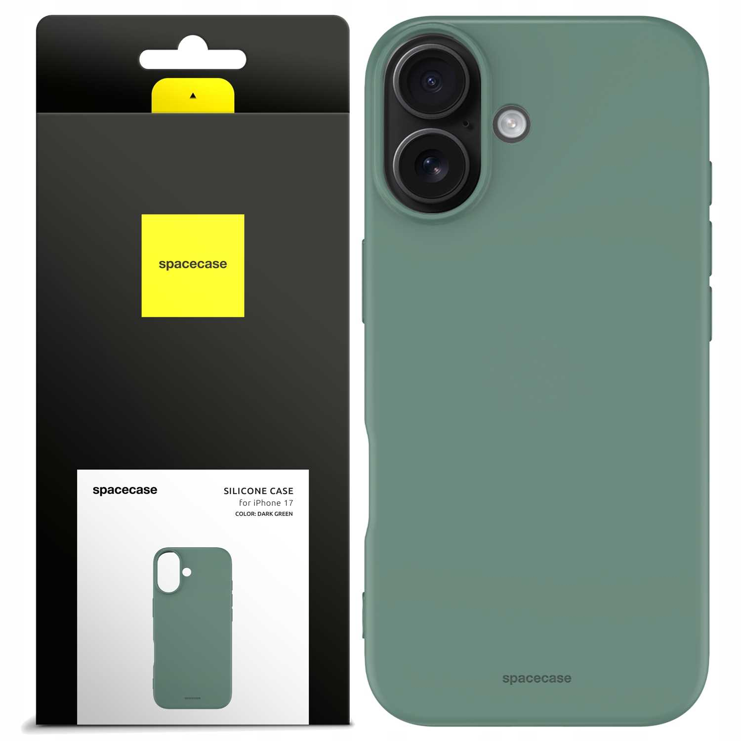 Ciemnozielone etui silikonowe iPhone 17 firmy spacecase, wyświetlane na czarno-białym pudełku produktu.
