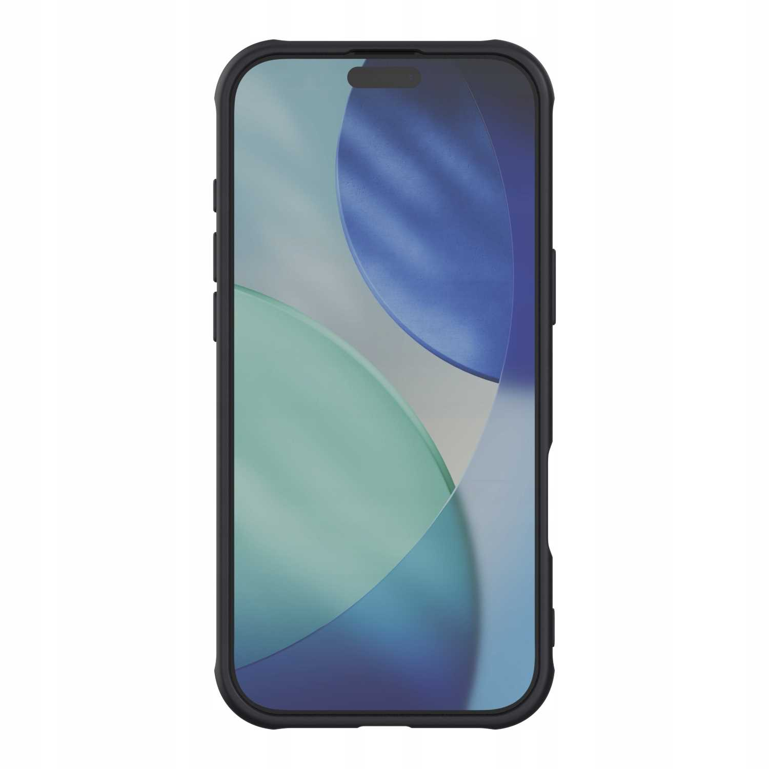Smartfon w czarnym etui. Ekran wyświetla abstrakcyjny niebiesko-zielony wzór. Etui ma przyciski z boku.