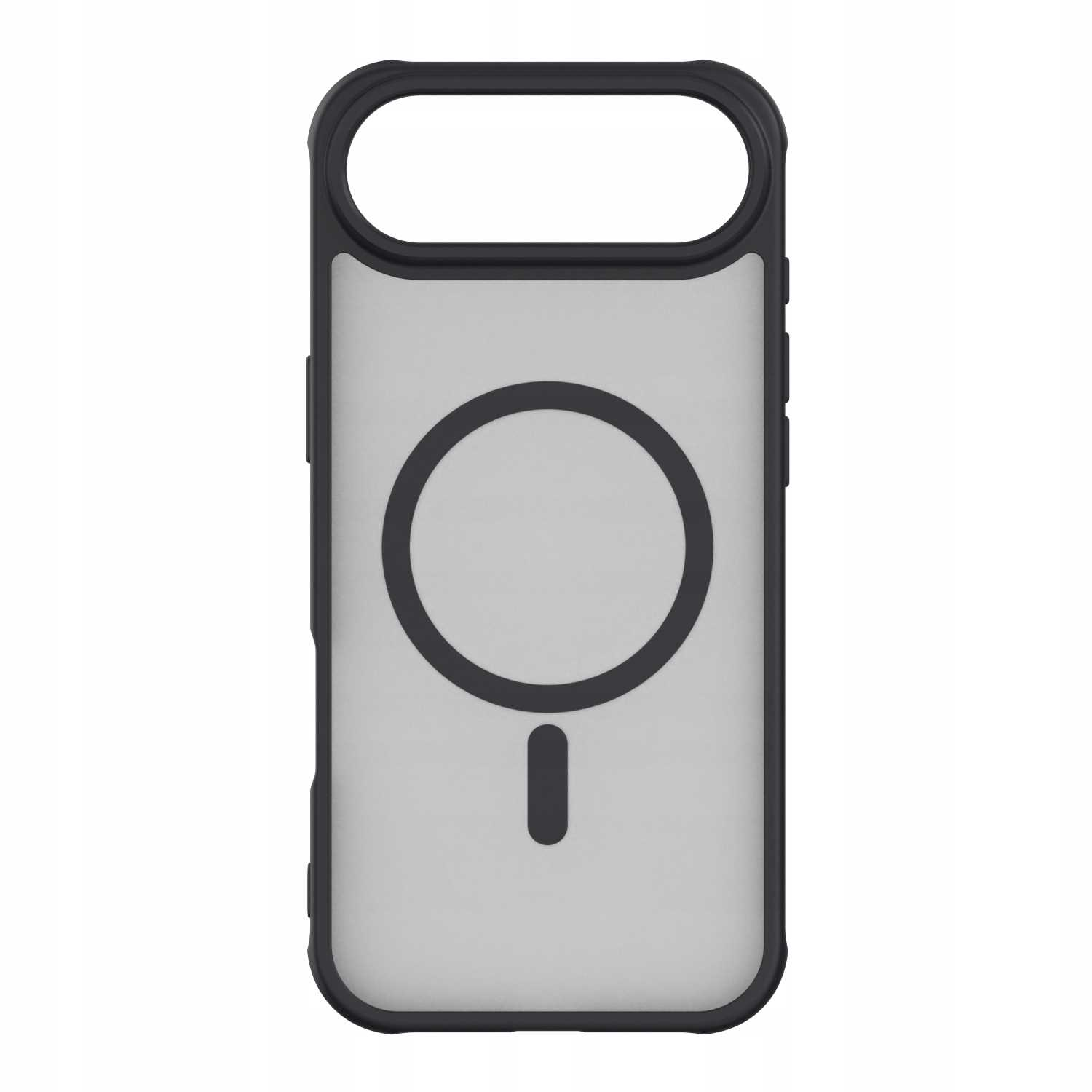 Czarno-szare etui na telefon. Etui ma czarną ramkę z wycięciem na aparat i okrągłym wzorem pośrodku.