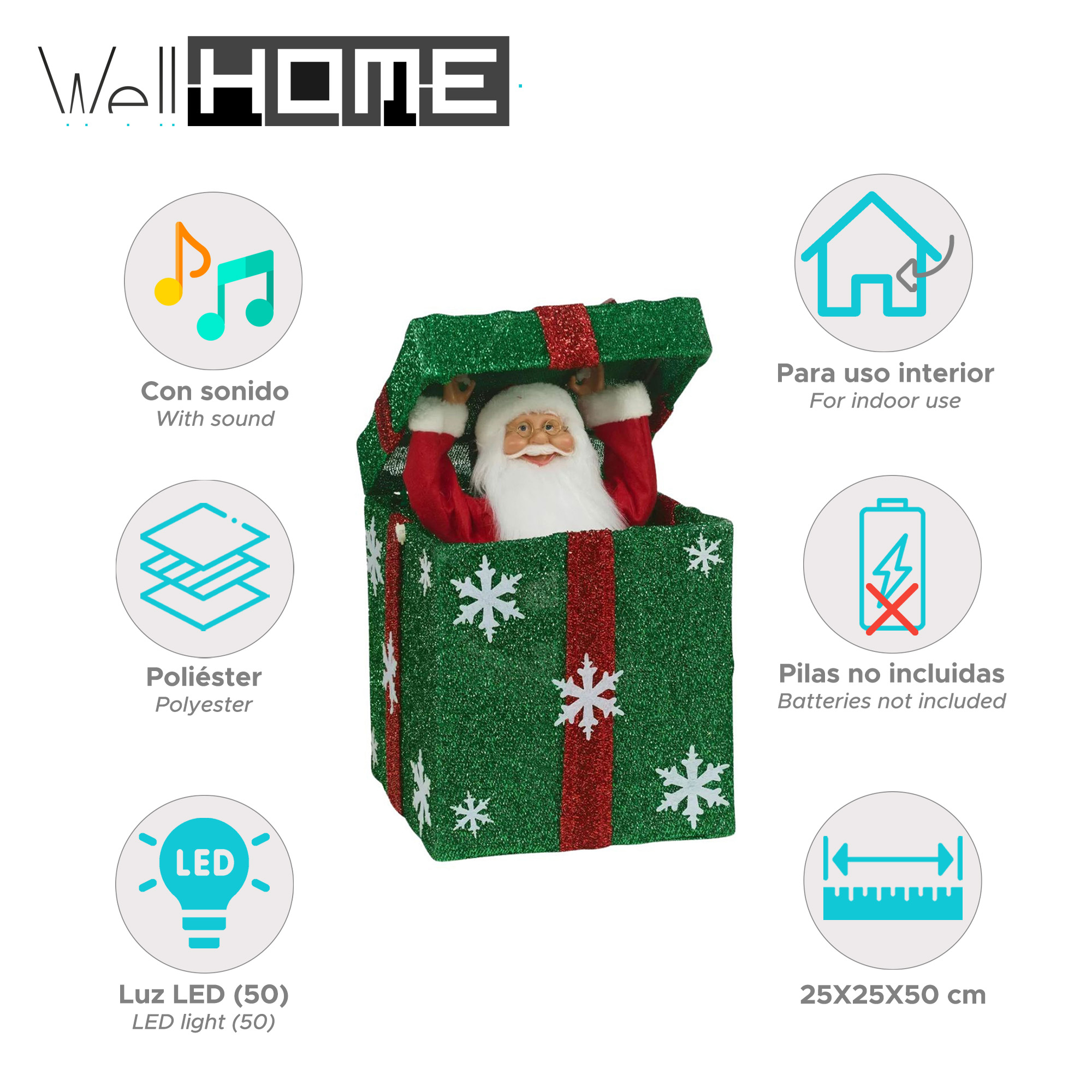 Una caja de regalo navideña. Papá Noel sale de la caja. La caja es verde con copos de nieve.