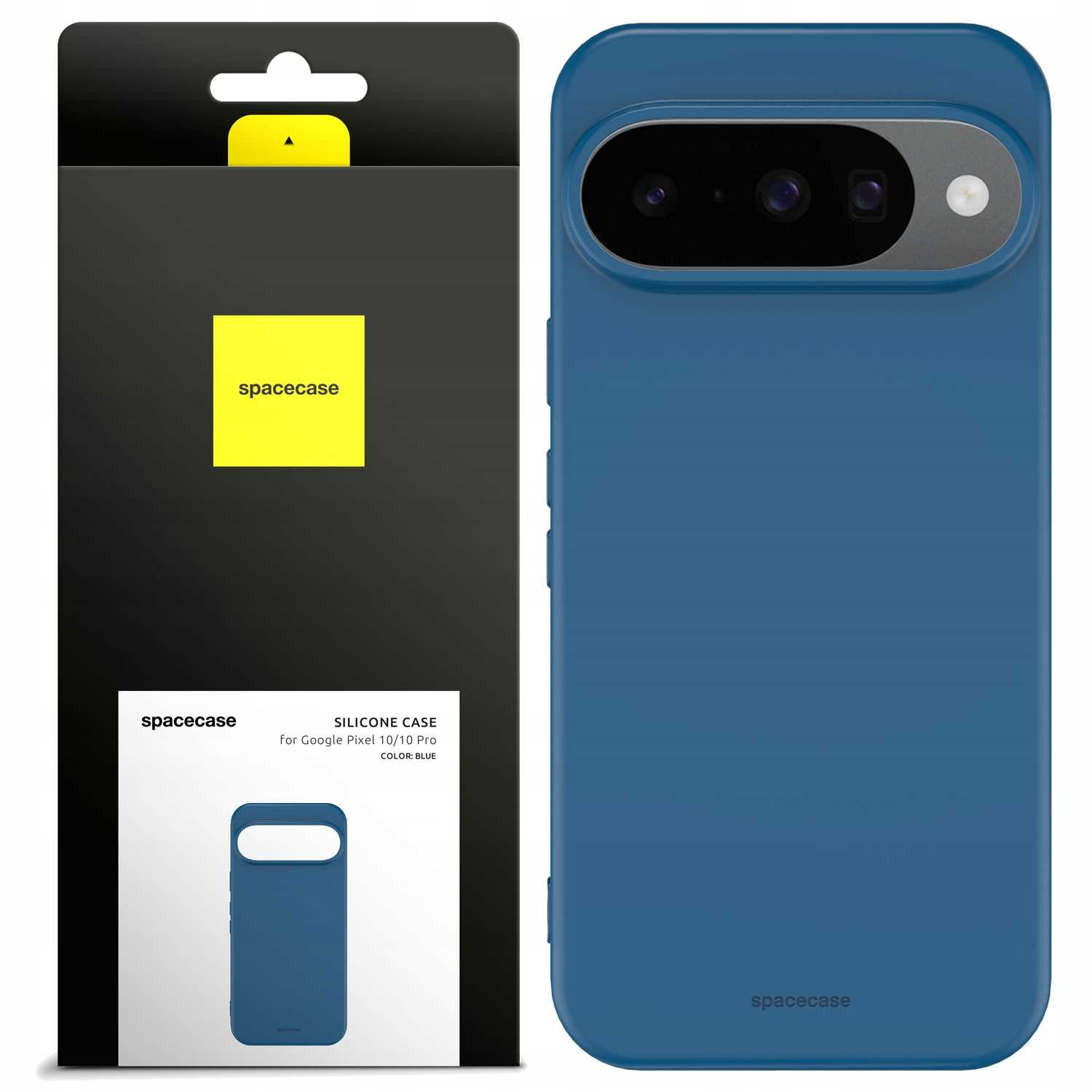 Niebieskie etui na telefon i jego opakowanie. Etui jest przeznaczone dla Google Pixel 10/10 Pro, wykonane z silikonu, z marką 'spacecase'.
