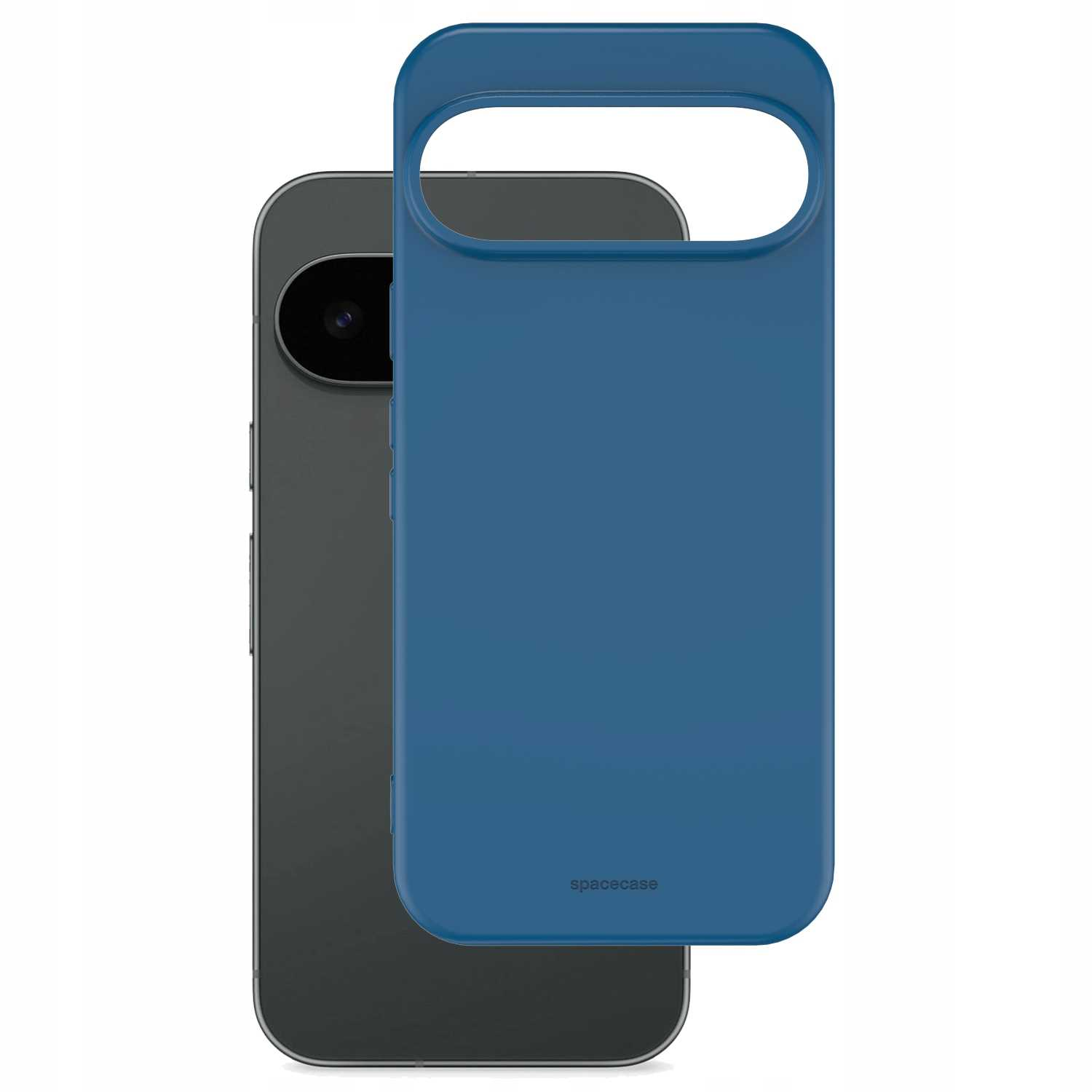 Ciemnoszary smartfon jest częściowo zakryty przez niebieskie etui. Etui ma wycięcie na aparat i jest na nim napis 'spacecase'.