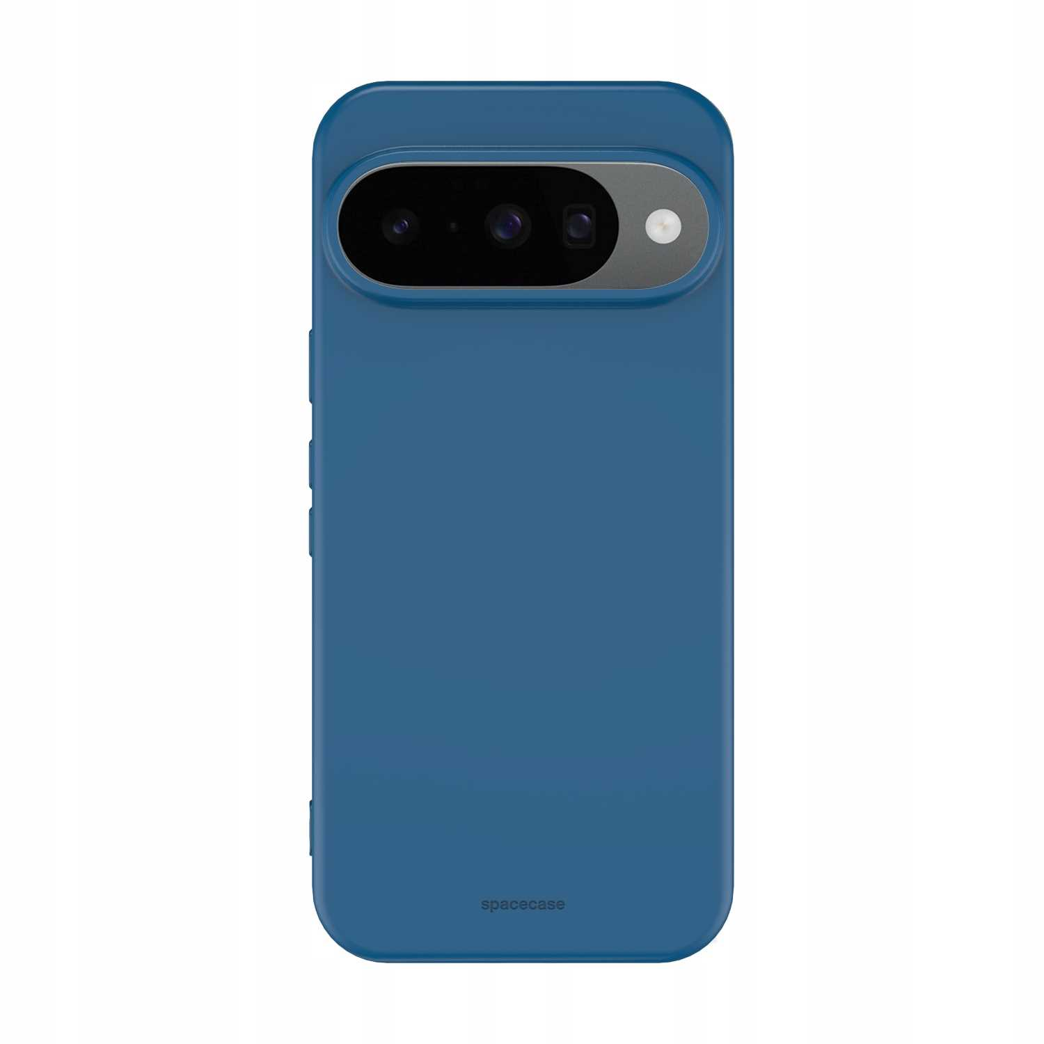 Niebieskie etui na telefon z wycięciem na aparat. Etui ma gładką fakturę, a nazwa marki 'spacecase' znajduje się na dole.