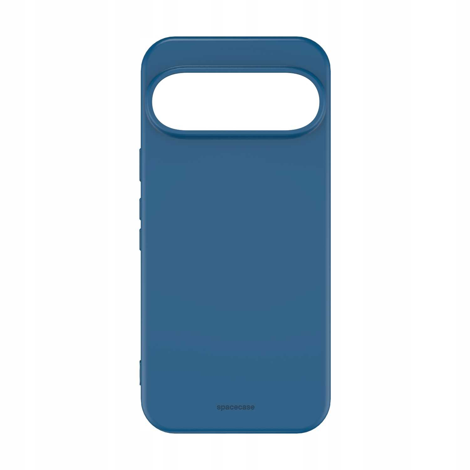 Niebieskie etui na telefon z owalnym wycięciem na aparat i bocznymi przyciskami, na dole nazwa marki 'spacecase'.