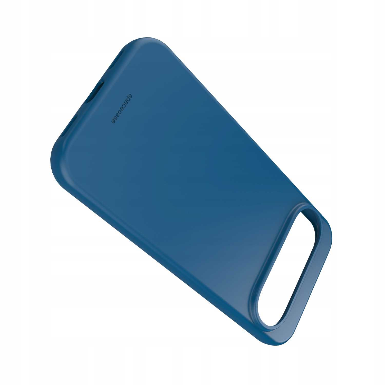 Niebieskie etui na telefon z napisem "spacecase" na białym tle. Etui ma duży otwór na aparat.