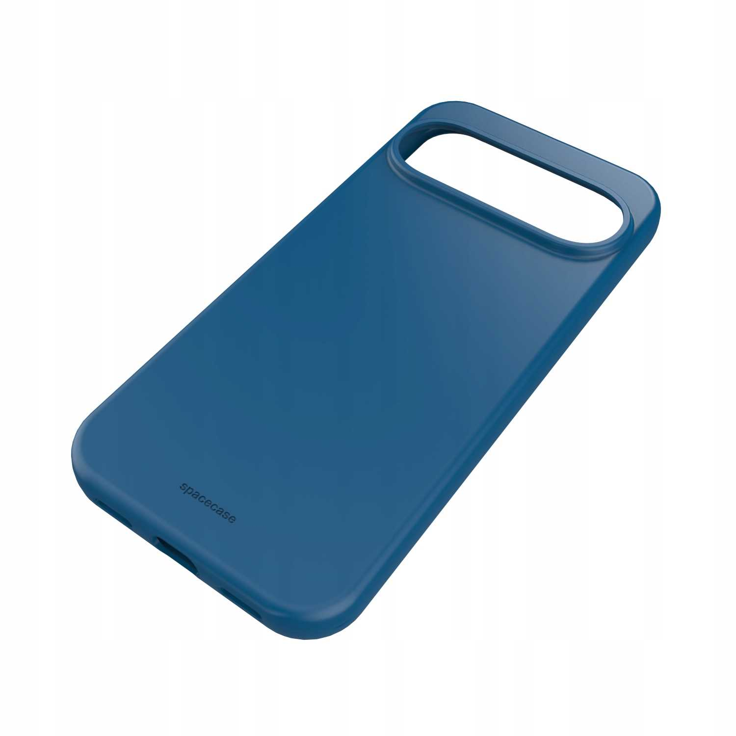 Niebieskie etui na telefon z zaokrąglonymi rogami i wycięciem na aparat. Widoczna nazwa marki 'spacecase'.