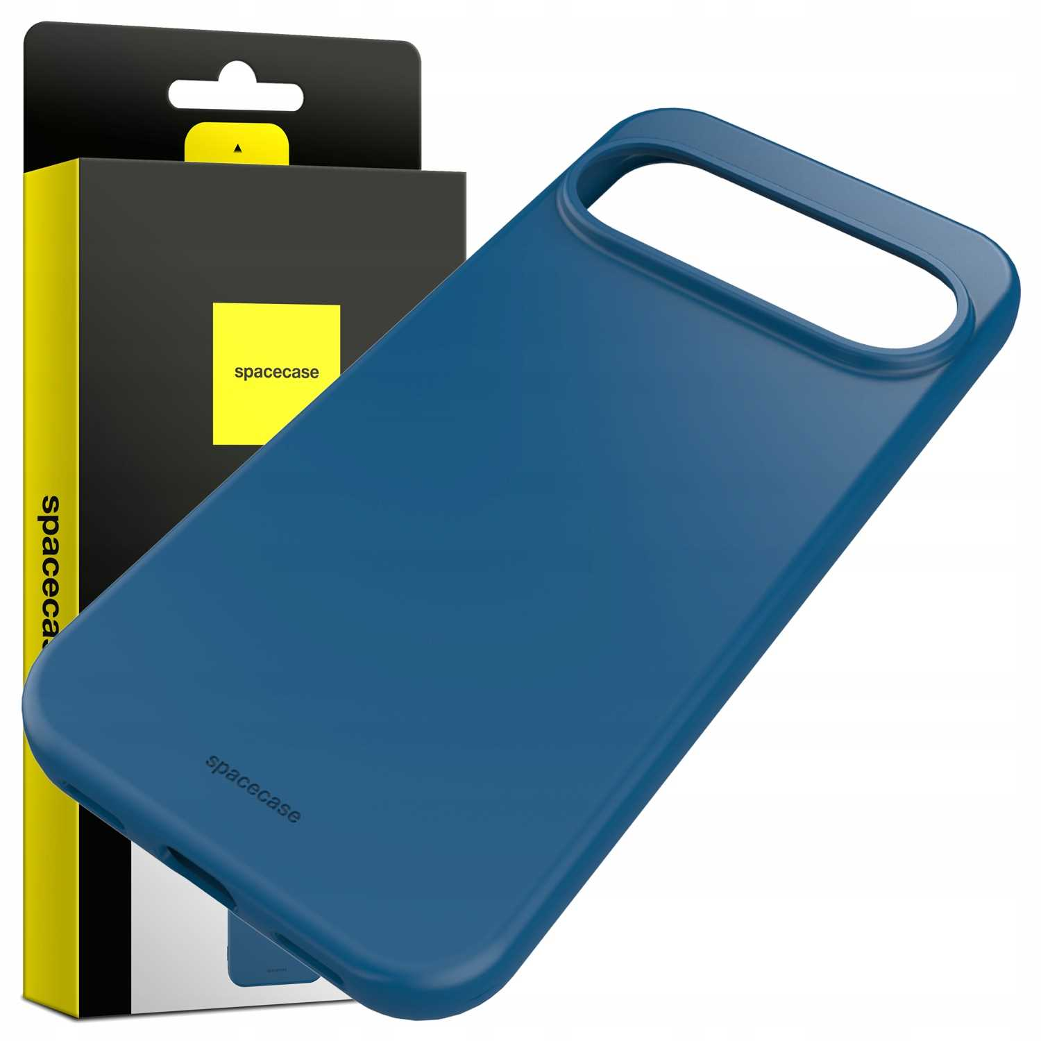 Niebieskie etui na telefon opiera się o czarno-żółte opakowanie. Na opakowaniu napis 'spacecase'.