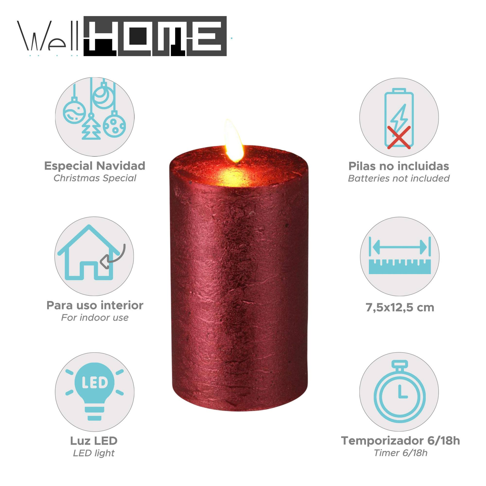 Se muestra una vela burdeos con una llama encendida. Iconos informativos alrededor de la vela.