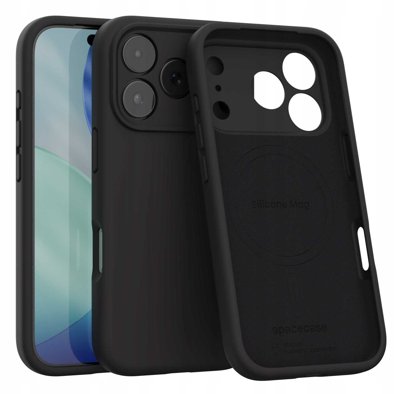 Trzy czarne etui na telefon z telefonem w środku. Etui są wykonane z matowego materiału. Jedno jest otwarte, pokazując wnętrze.