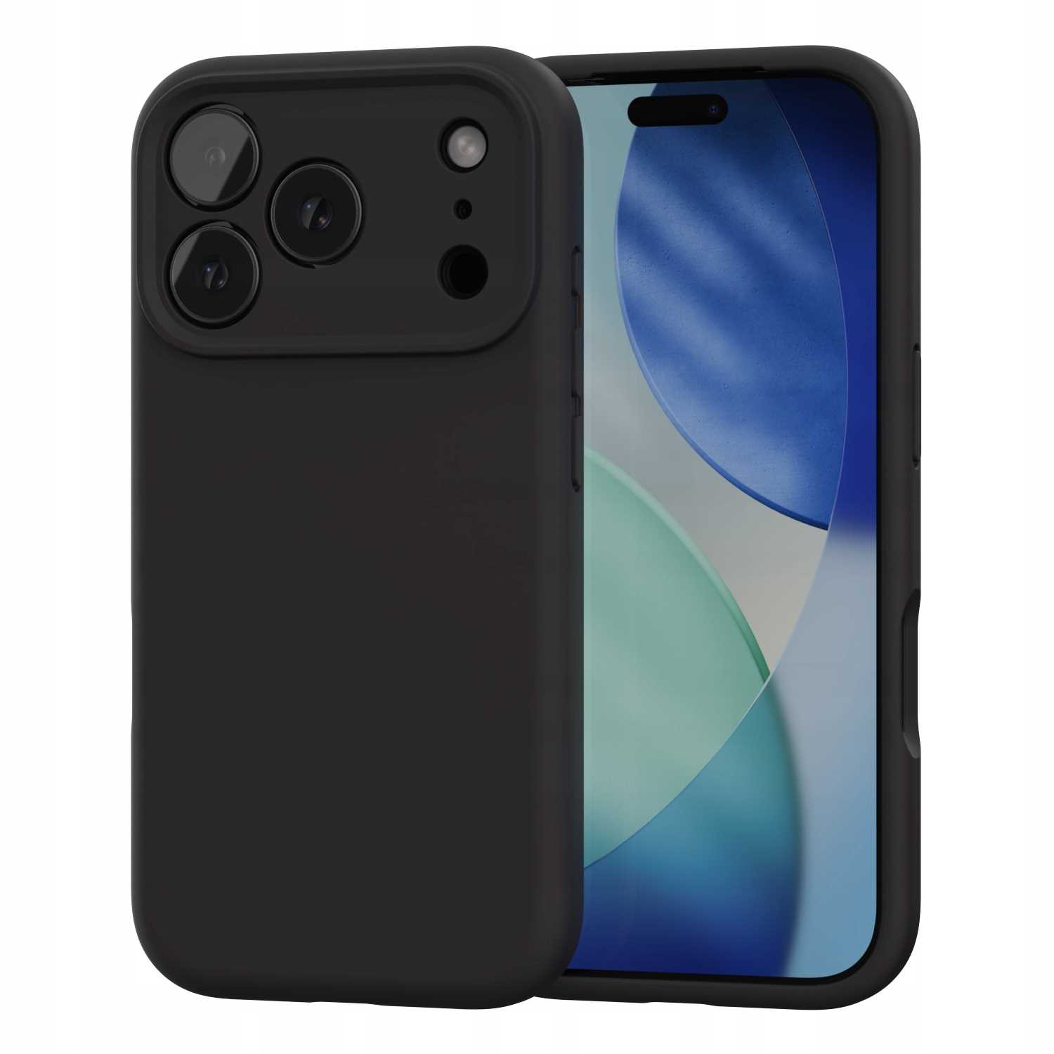 Czarny futerał na telefon z wycięciami na aparat i telefon z niebiesko-białym tłem.