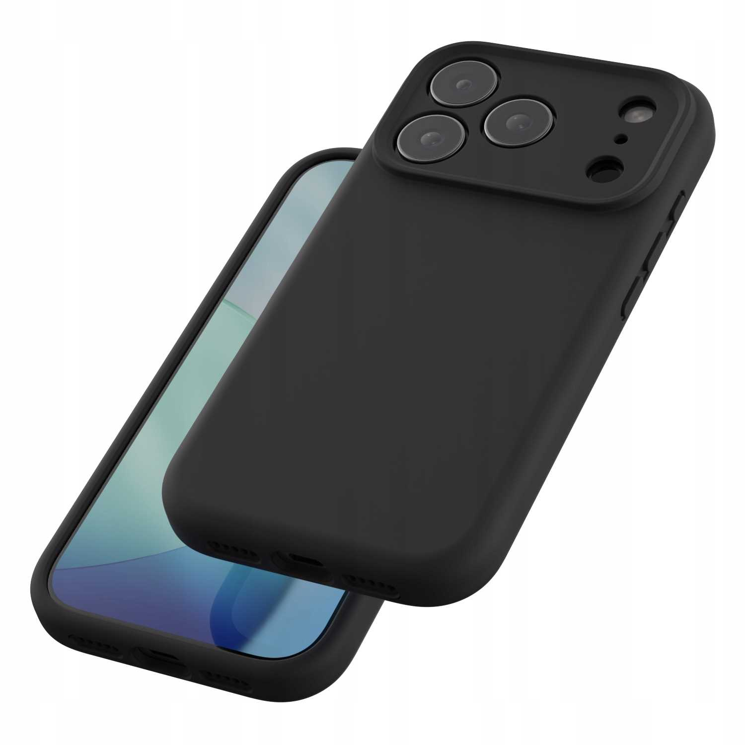 Czarny futerał na telefon z telefonem w środku. Etui ma wycięcia na aparat. Ekran telefonu pokazuje niebiesko-zielony gradient.