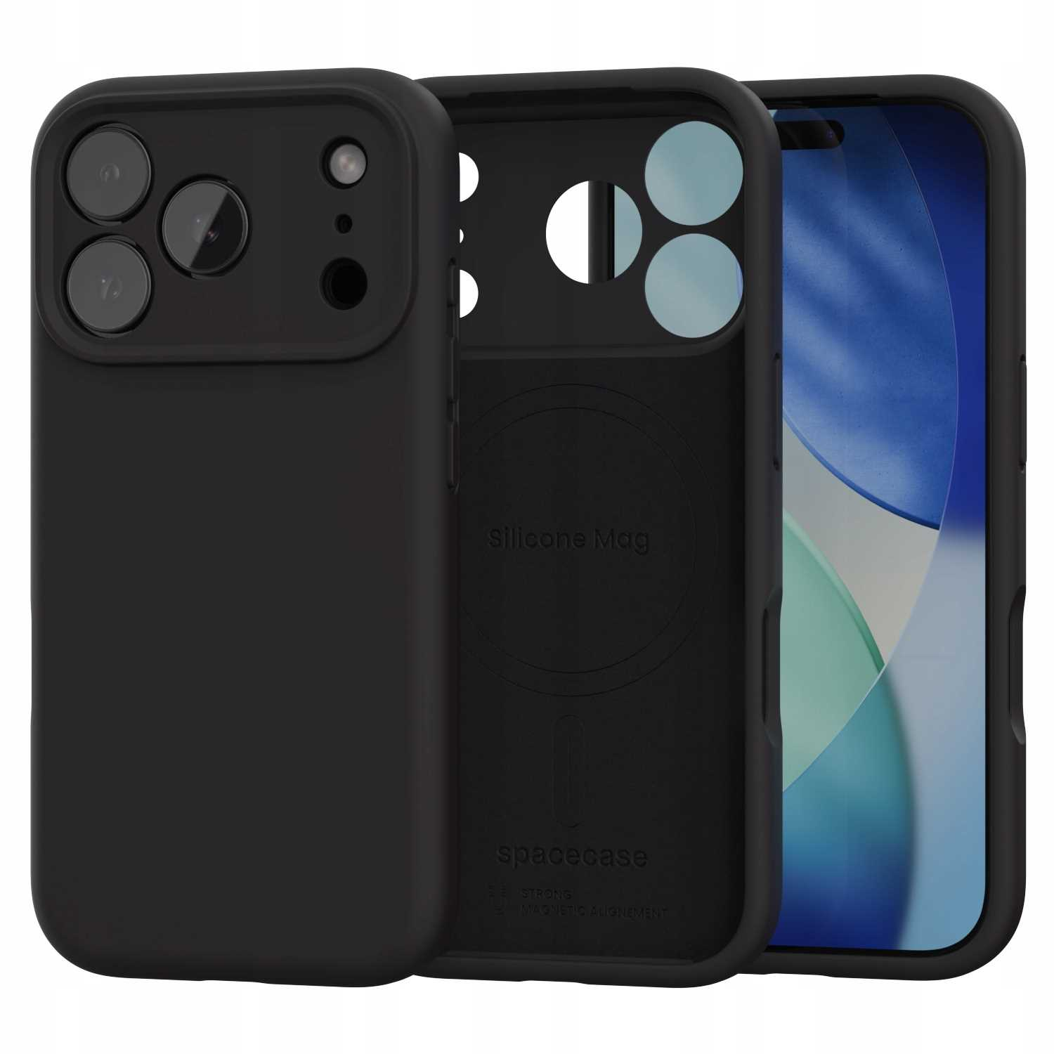 Trzy czarne etui na telefon i telefon. Etui to różne części tego samego typu etui. Ekran jest włączony.