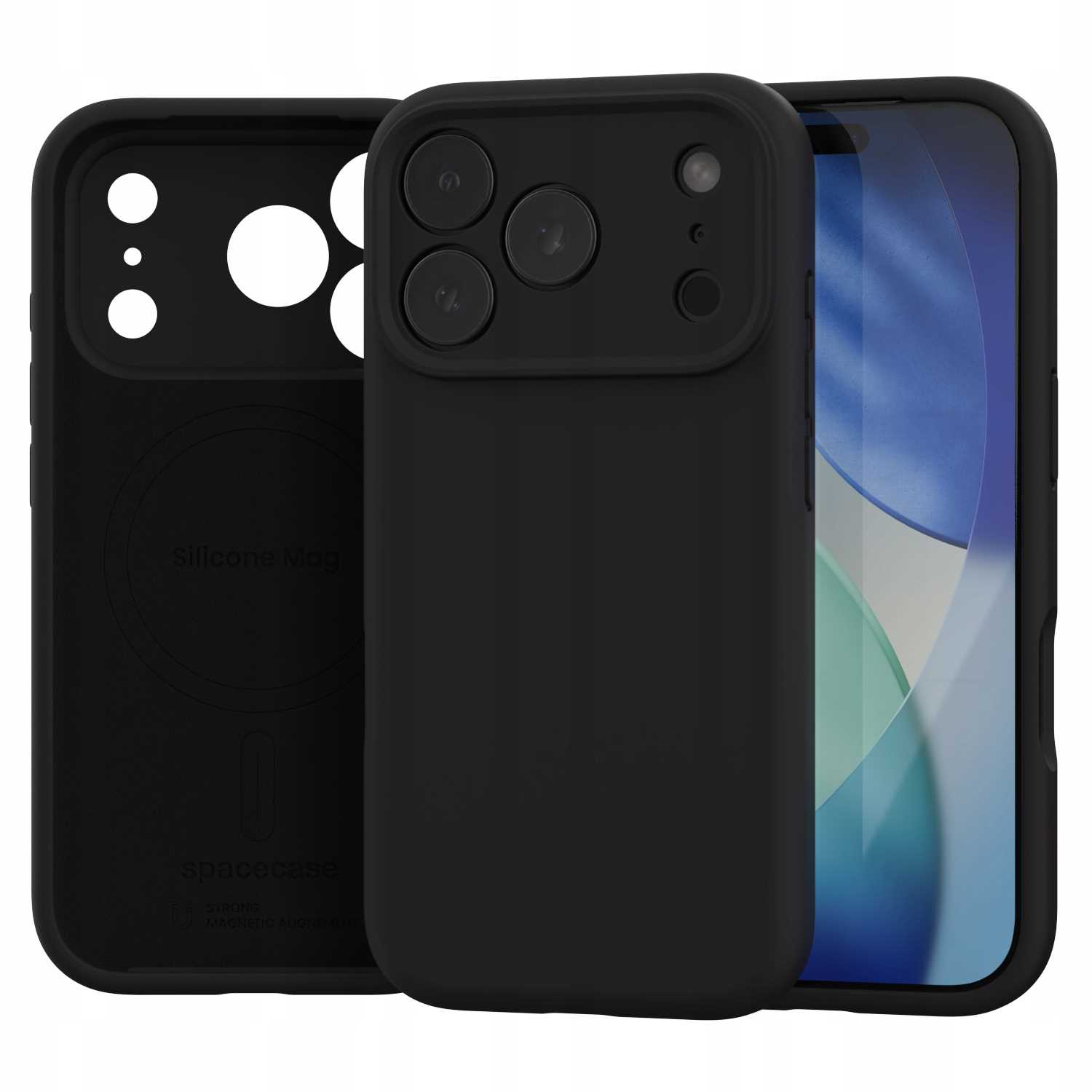 Trzy czarne etui na telefon, jedno otwarte, jedno z telefonem w środku. Etui z wycięciami na aparat i tekstem 'Silicone Mag' i 'spacecase'.