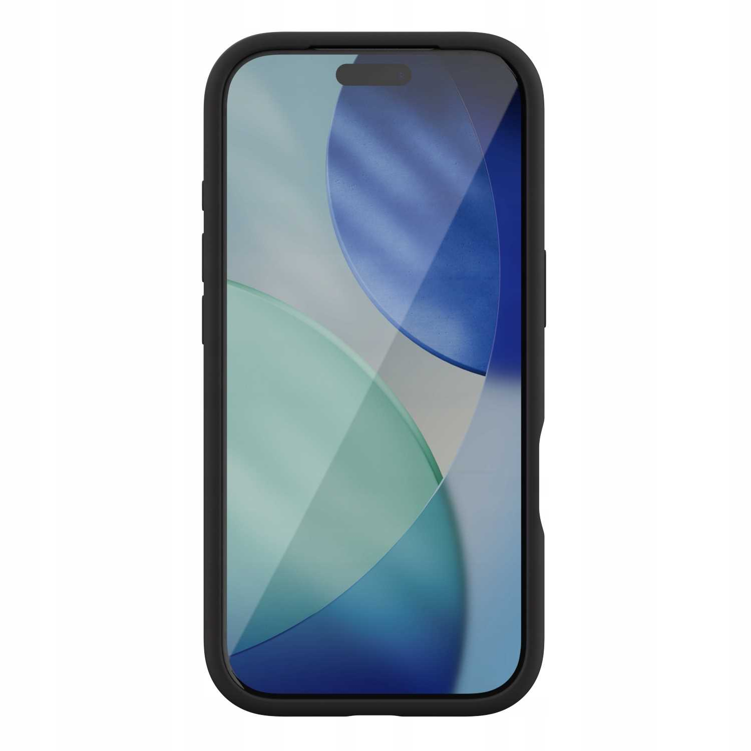 Smartfon z czarnym etui. Ekran wyświetla jasnoniebieski i zielony abstrakcyjny wzór. Telefon jest wyśrodkowany na białym tle.