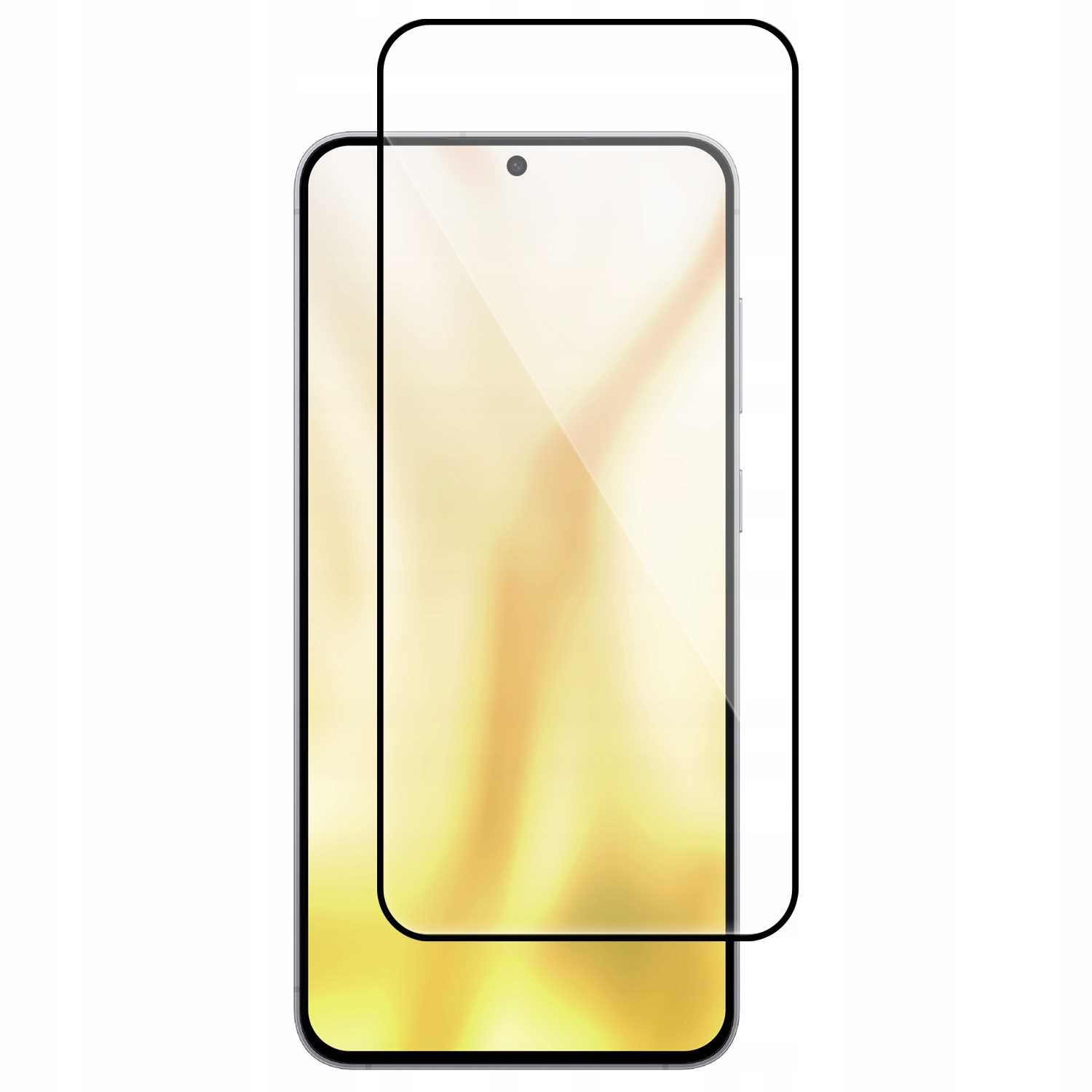 Smartfon z ochraniaczem ekranu. Telefon ma czarną ramkę i złoto-żółte gradientowe tło. Ochraniacz jest przezroczysty.
