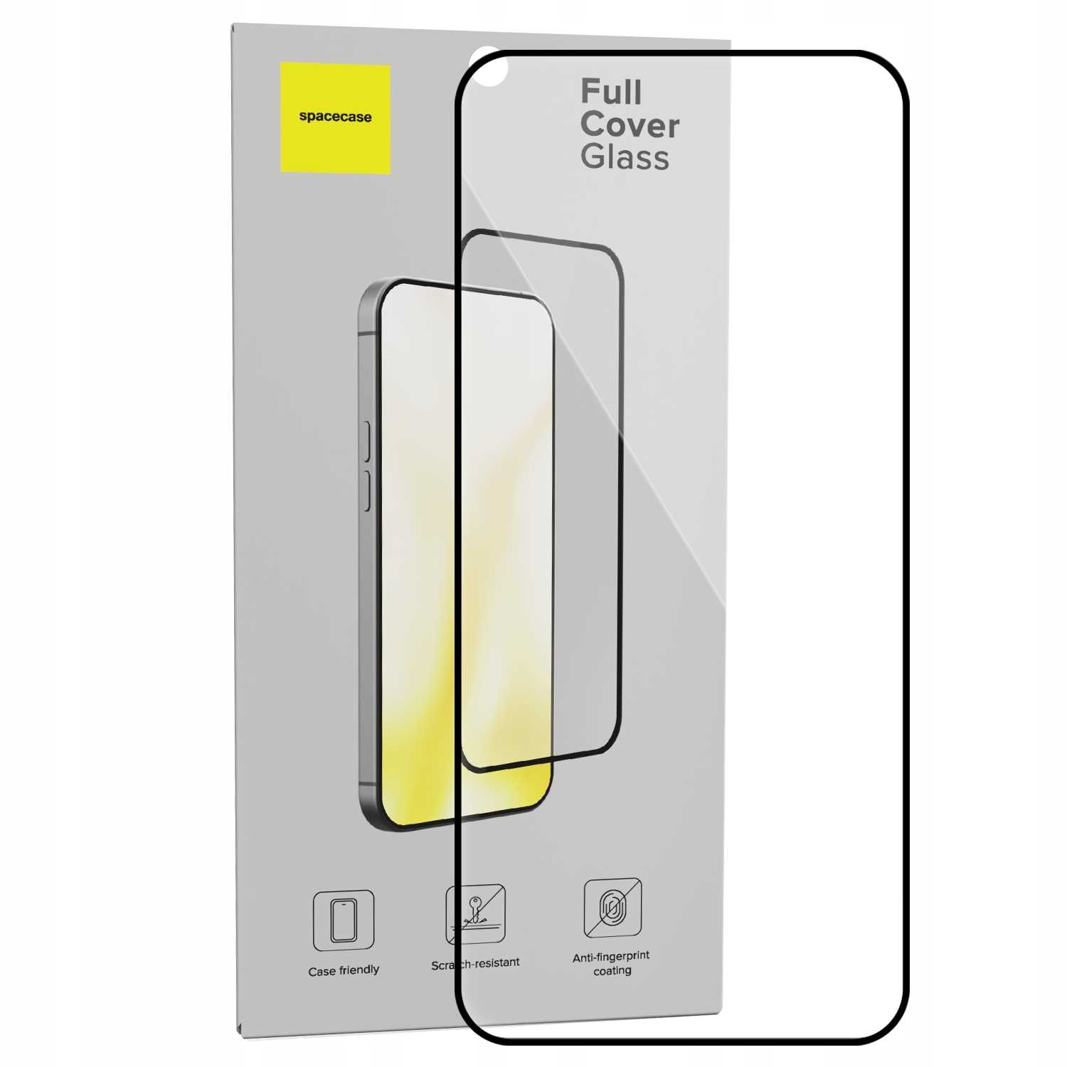Opakowanie ochraniacza ekranu telefonu. Na pudełku widnieje telefon z ochraniaczem i napis 'Full Cover Glass'.