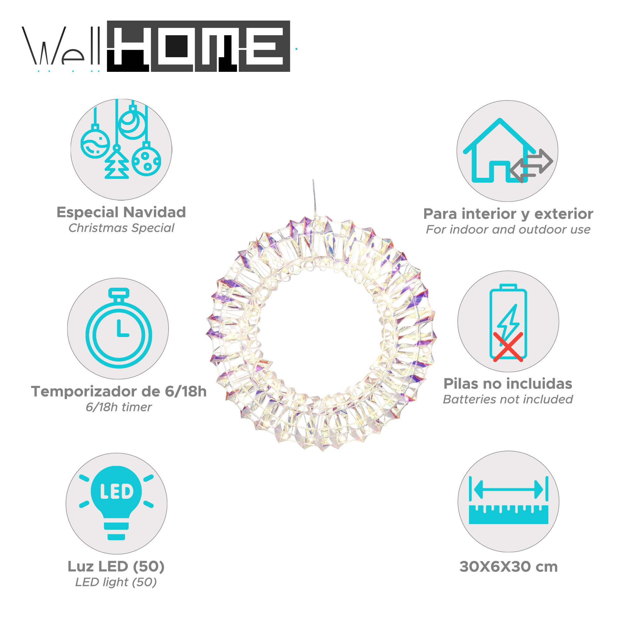 Una decoración navideña con un anillo de cristales transparentes, varios iconos y texto sobre un fondo blanco.
