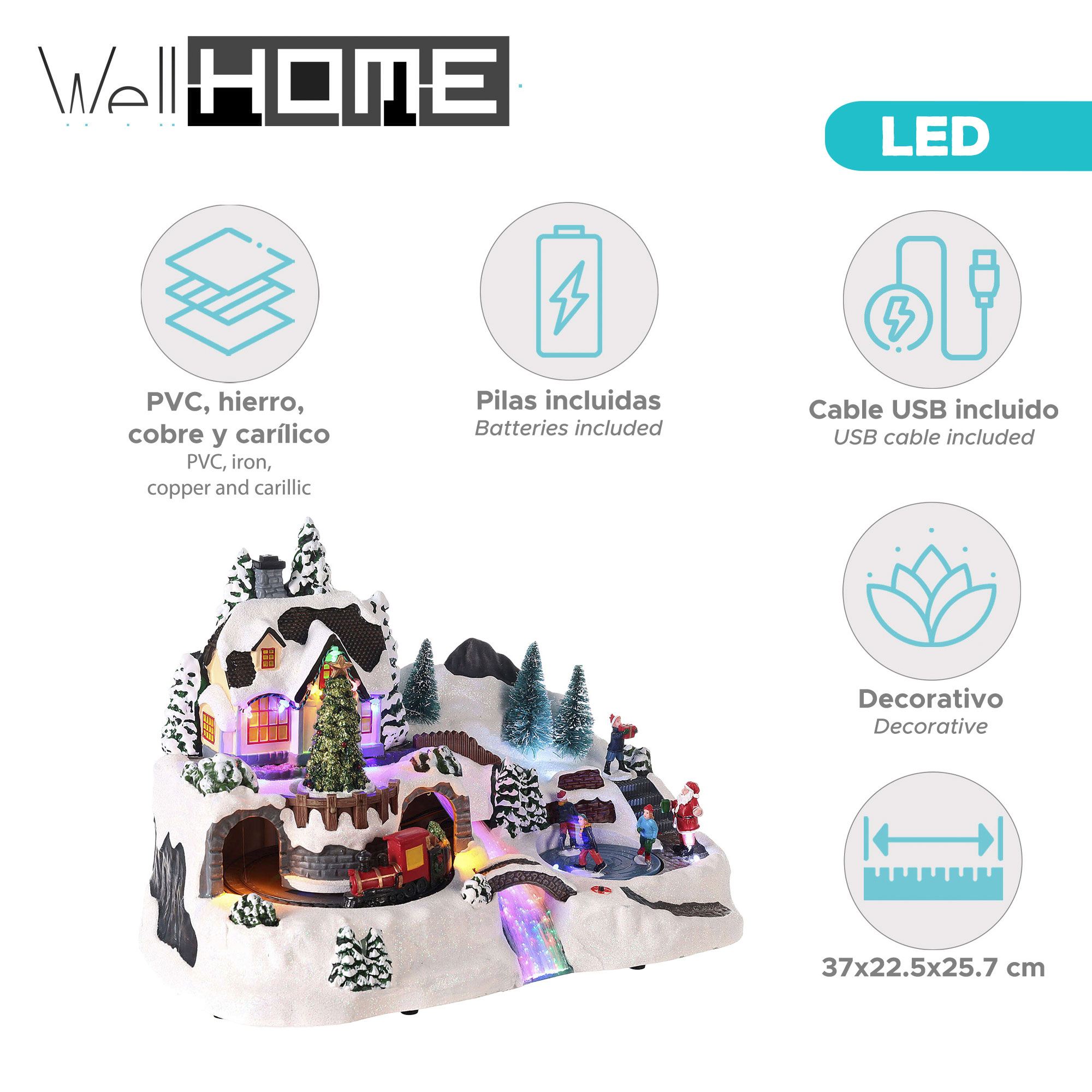 Una escena invernal decorativa con casa, árbol de Navidad, tren, figuras y luces LED. Incluye cable USB y baterías.