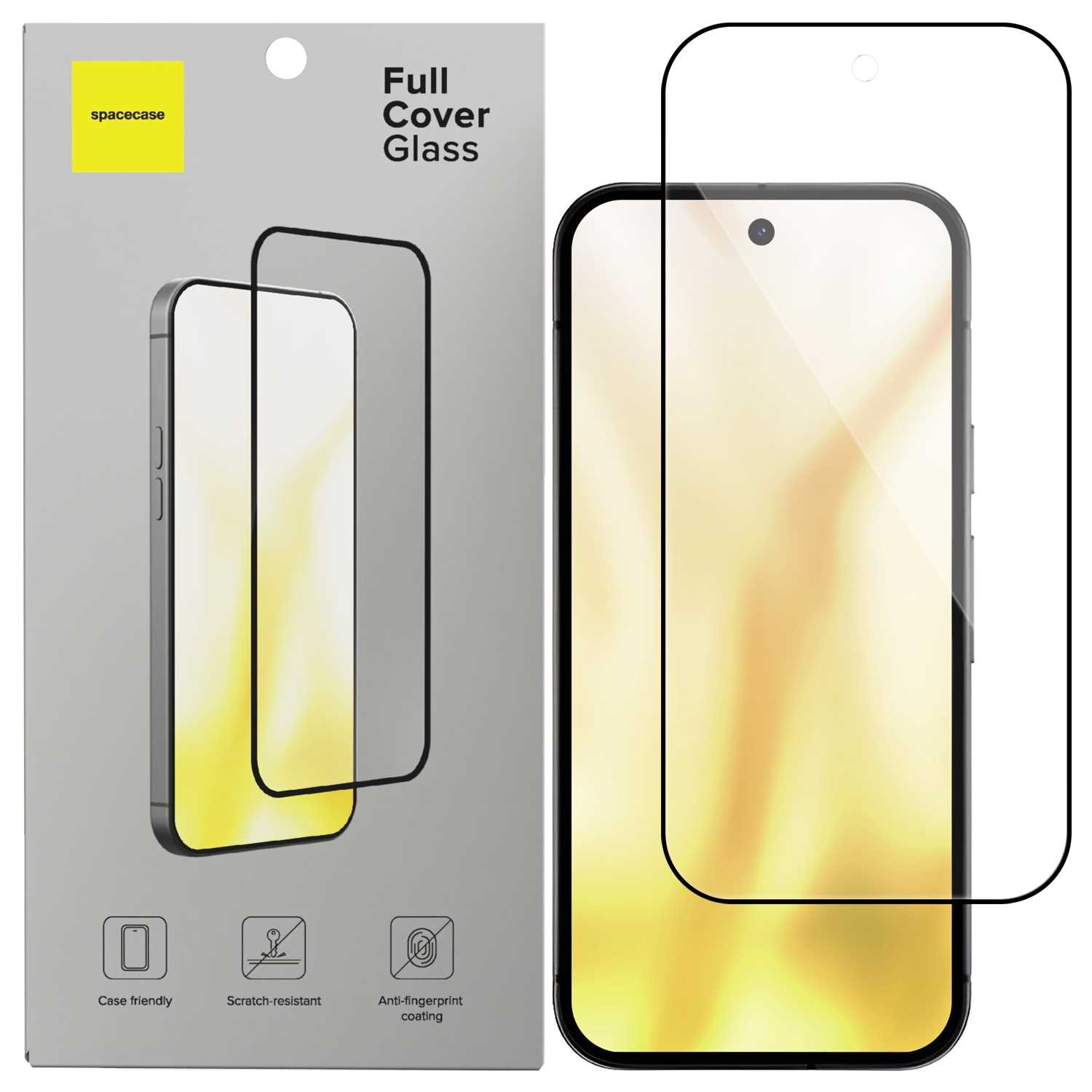 Pudełko ochronne ekranu telefonu i telefon z nałożoną ochroną, pokazujące powłokę anty-odciskową i odporność na zarysowania.