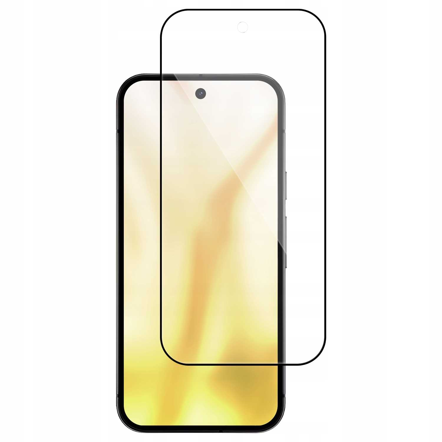 Smartfon z ochraniaczem ekranu. Telefon jest czarny ze złoto-żółtym ekranem. Ochraniacz jest przezroczysty z czarną obwódką.