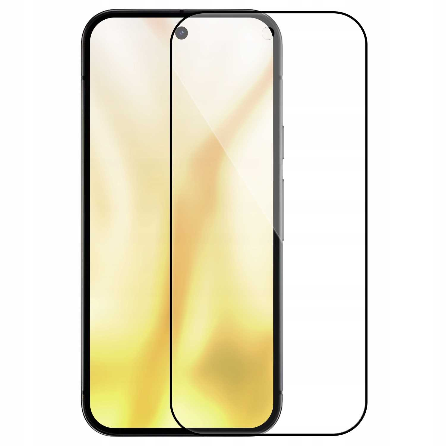 Smartfon z nałożonym ochraniaczem ekranu. Telefon jest czarny, ekran jest włączony, a ochraniacz jest przezroczysty.