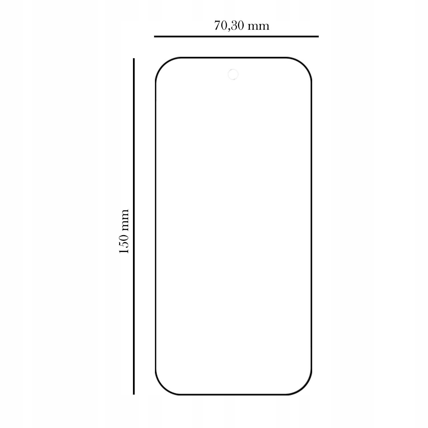 Diagram przedstawia obrys telefonu z wymiarami: 150 mm wysokości i 70,30 mm szerokości. Ma zaokrąglone rogi i małe kółko u góry.